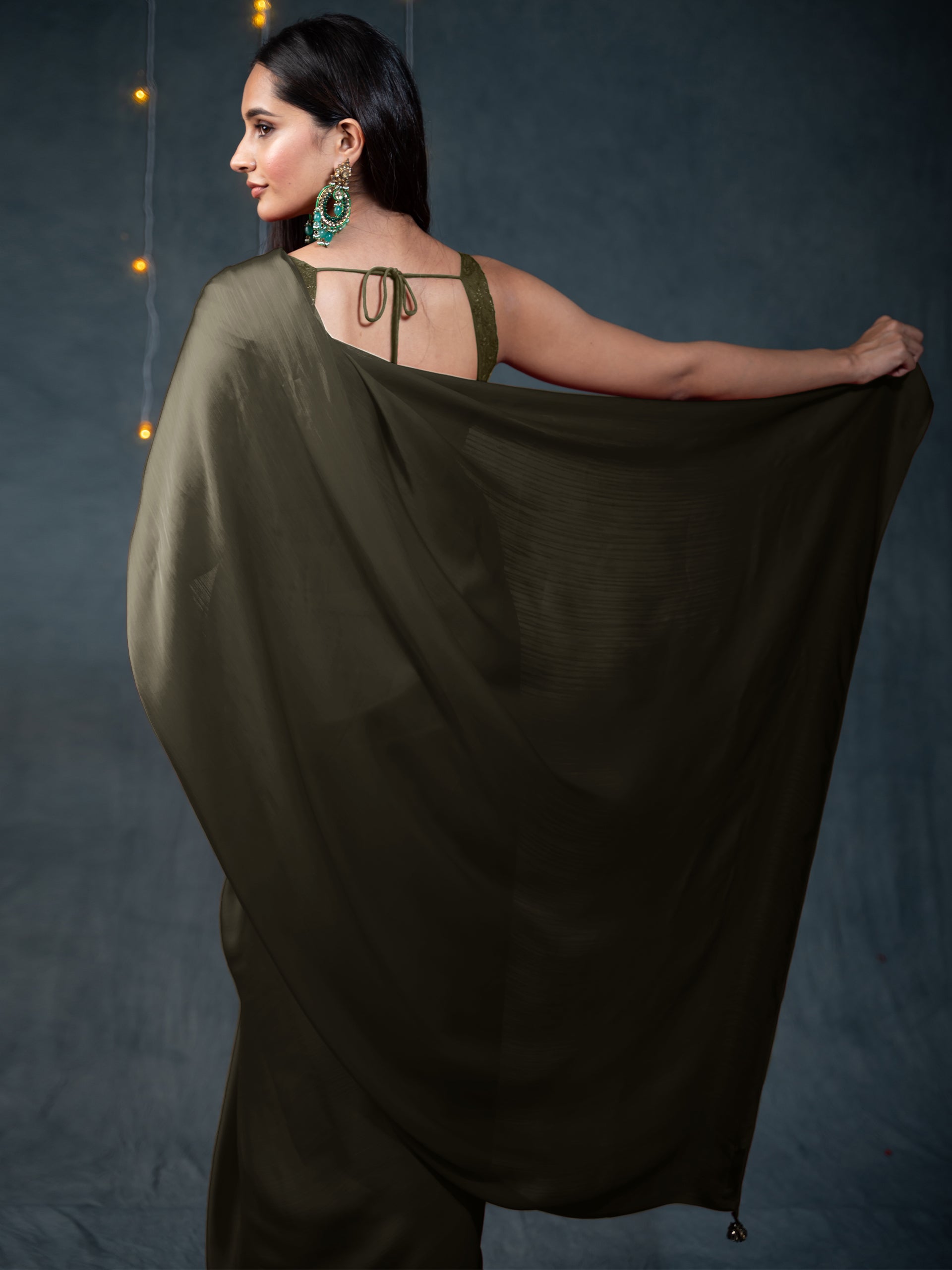 Khaki Saree with Embroidered Blouse Fabric