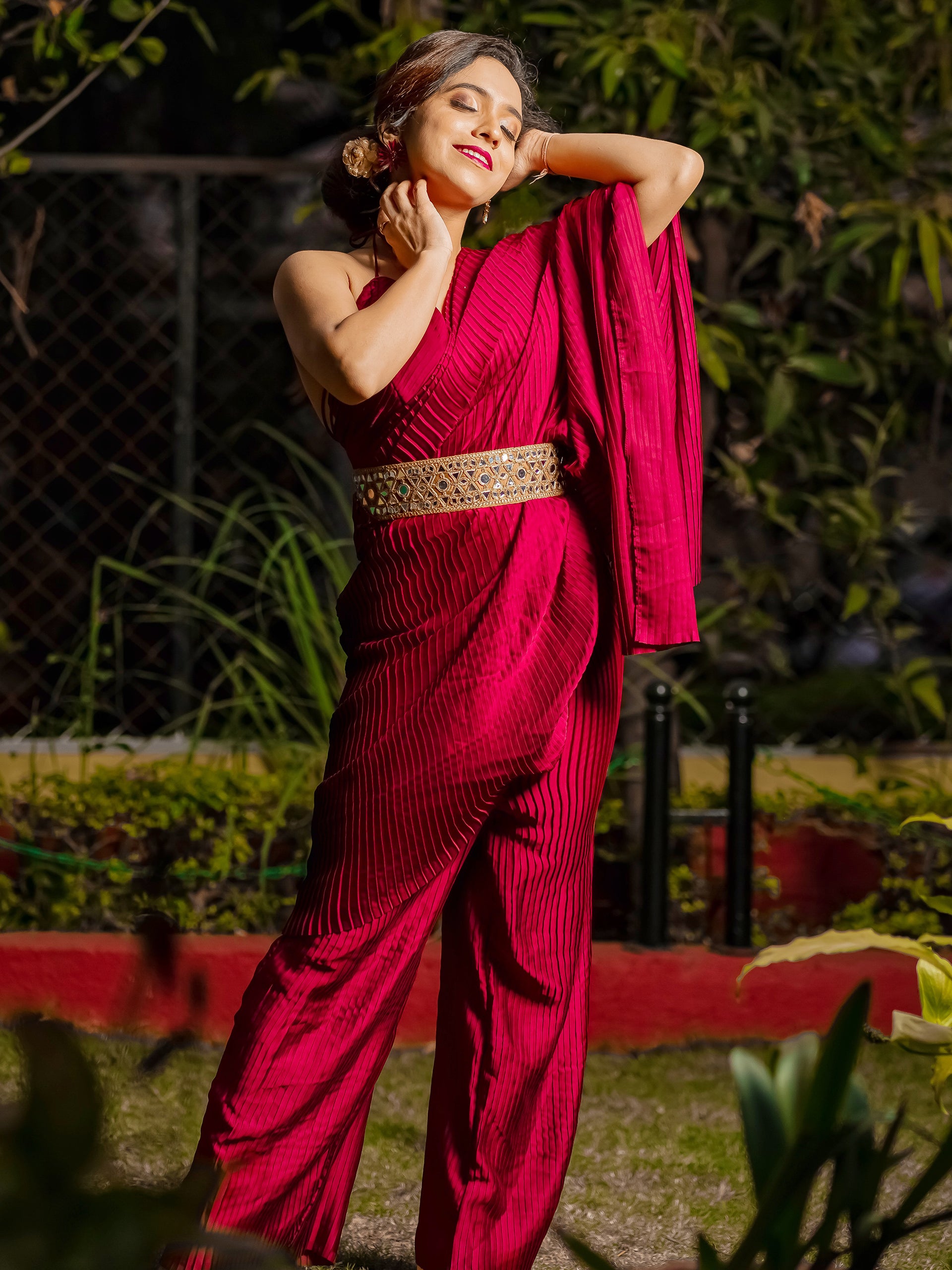 Women's Accordion Maroon Pre-Draped Saree with Self Arm-Tie 1 Piece | Festive Wear, (Satin)