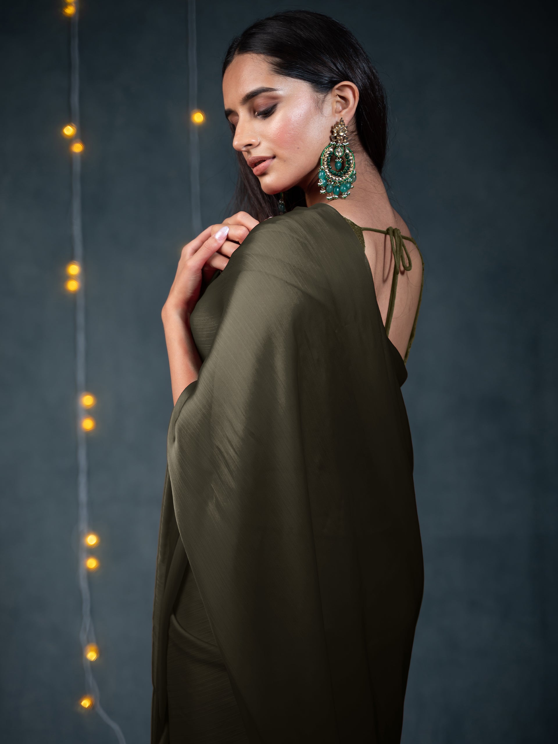 Khaki Saree with Embroidered Blouse Fabric