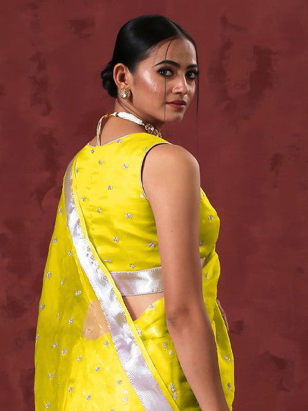Blouse - Canary Sleeveless Organza with Embroidery and Silver edge Waist