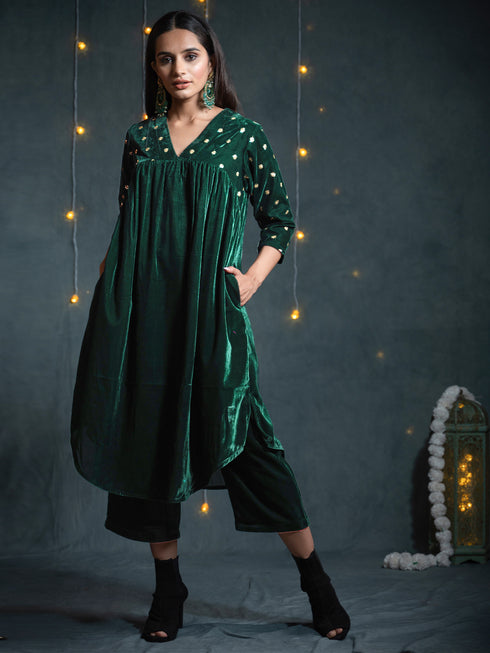 Women's Green Velvet Top with Sequined Sleeves and Yoke 2 Piece Set | Straight Fit, V Neck, 3/4 Sleeves, Pants, Partywear, (Velvet)