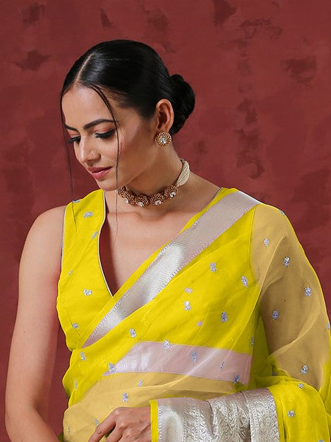 Blouse - Canary Sleeveless Organza with Embroidery and Silver edge Waist