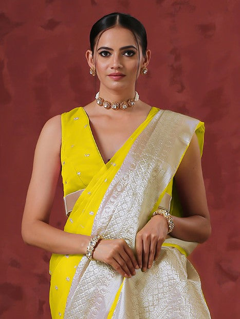 Blouse - Canary Sleeveless Organza with Embroidery and Silver edge Waist