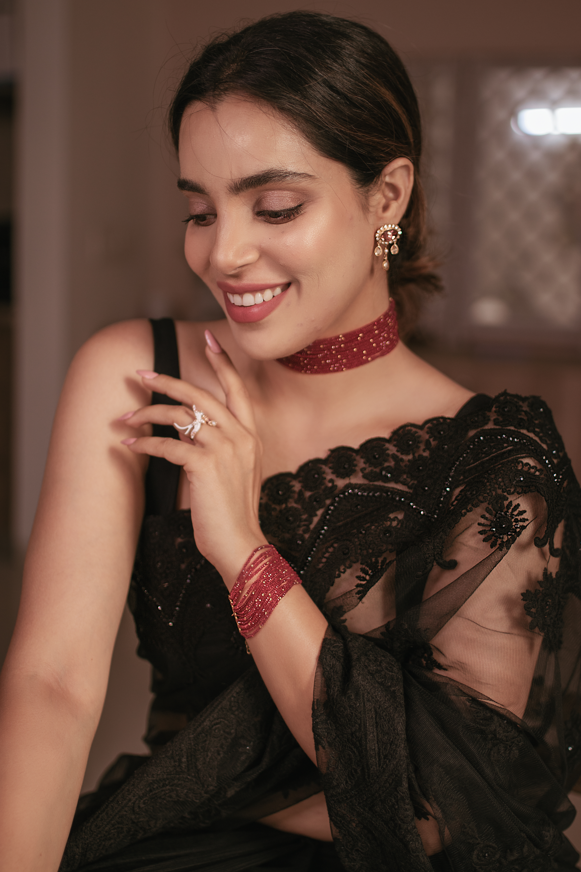 Black Net Saree with Embroidery & Scalloping