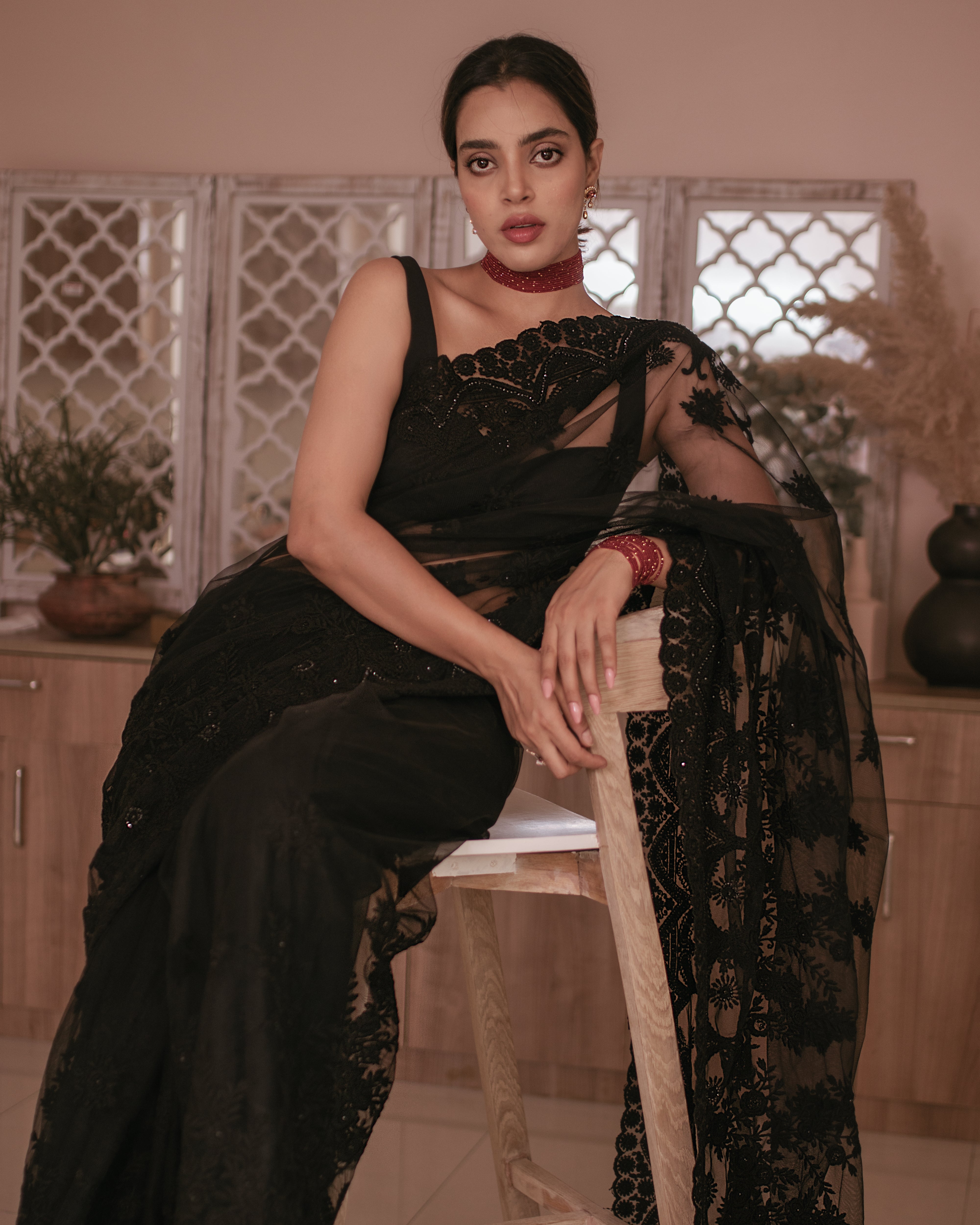 Black Net Saree with Embroidery & Scalloping