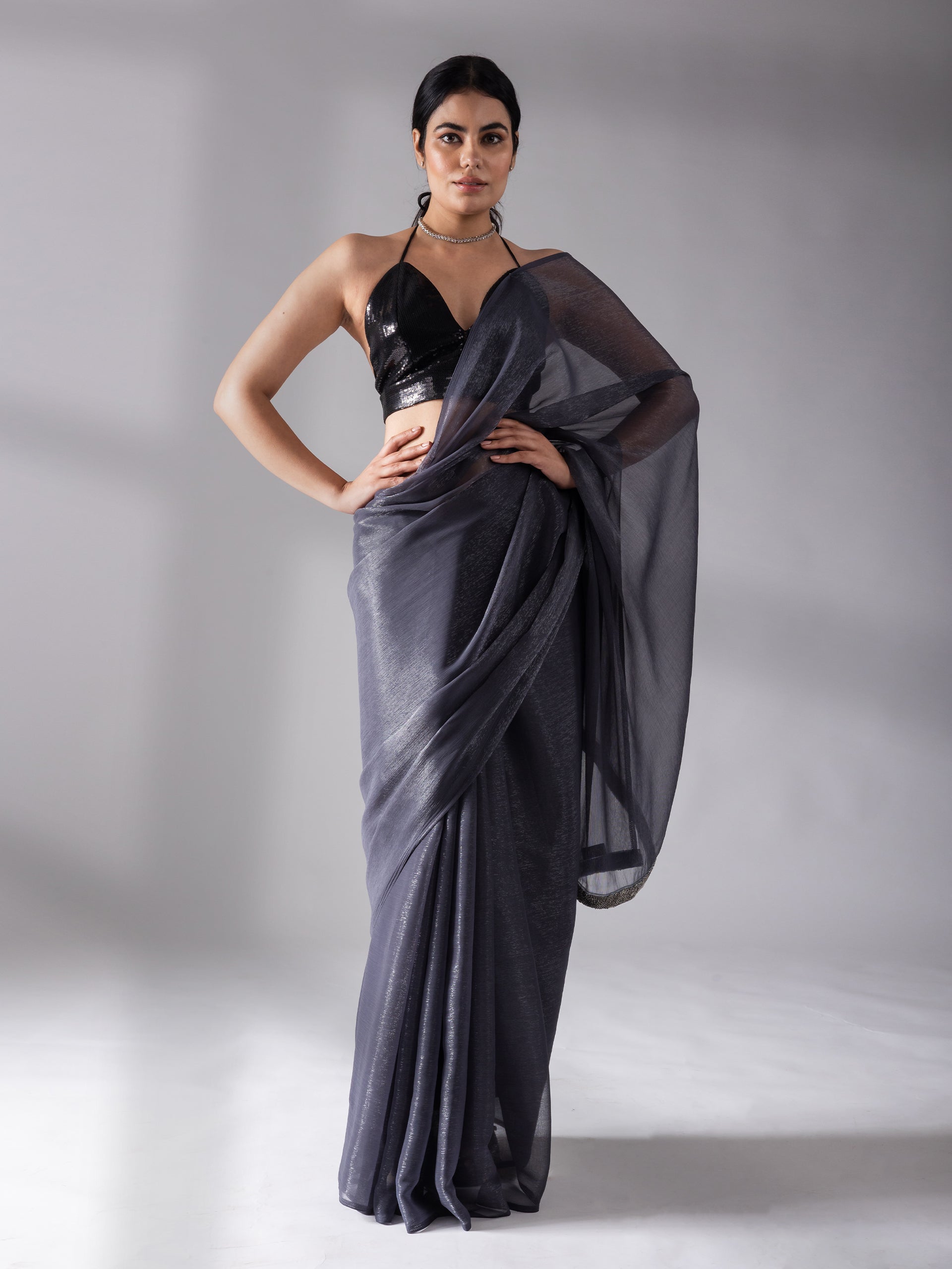 Dual shade grey shimmer silver chiffon saree — view 12