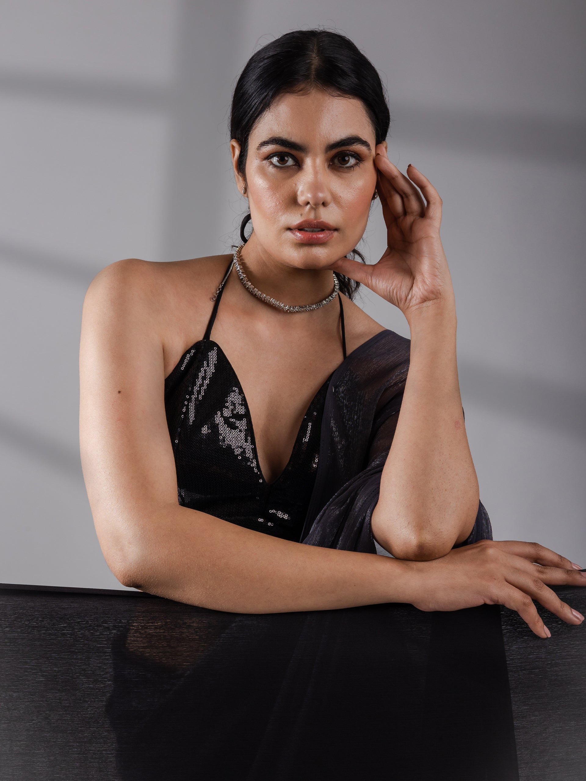 Dual shade grey shimmer silver chiffon saree — view 5