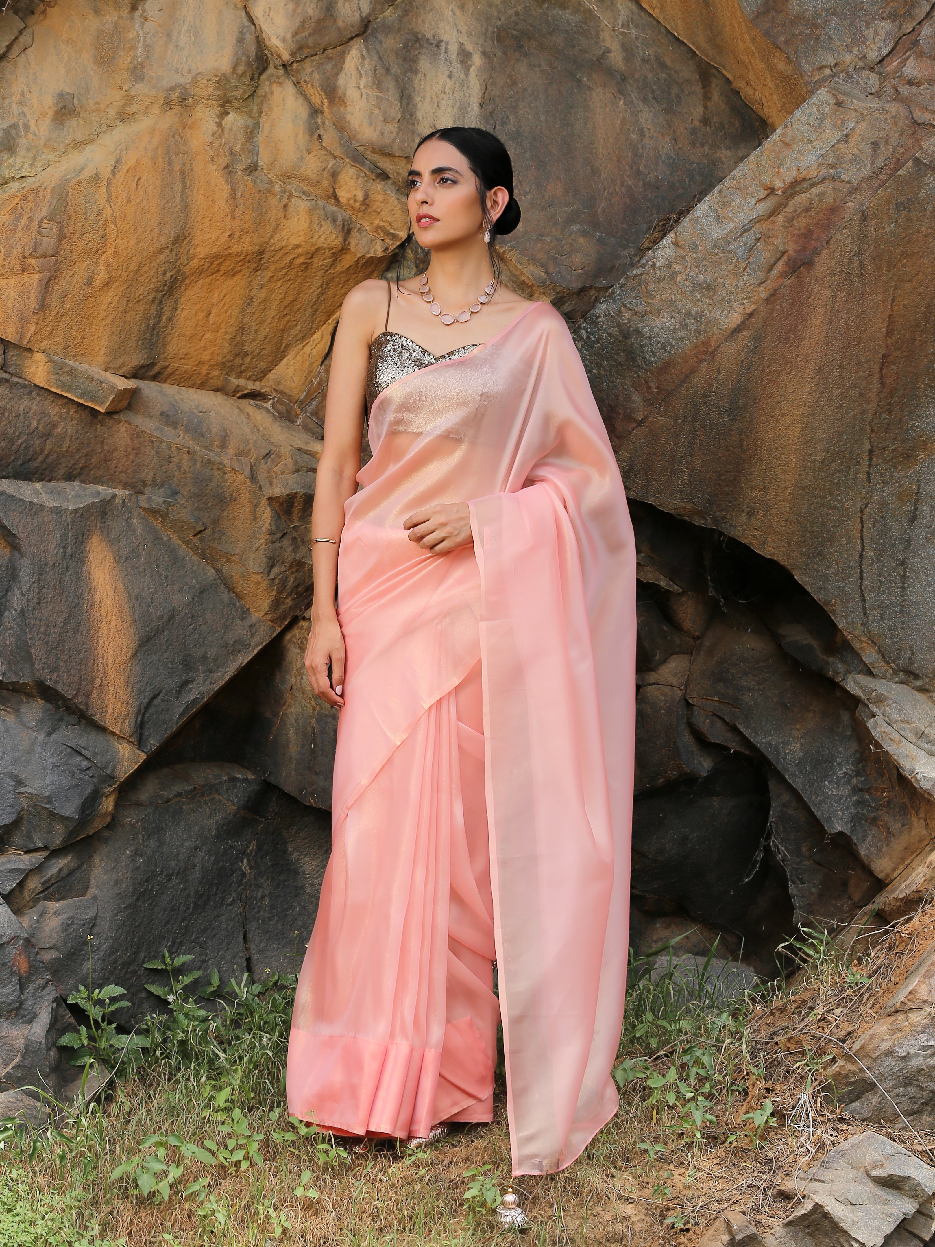Rose Gold Saree with Pendants