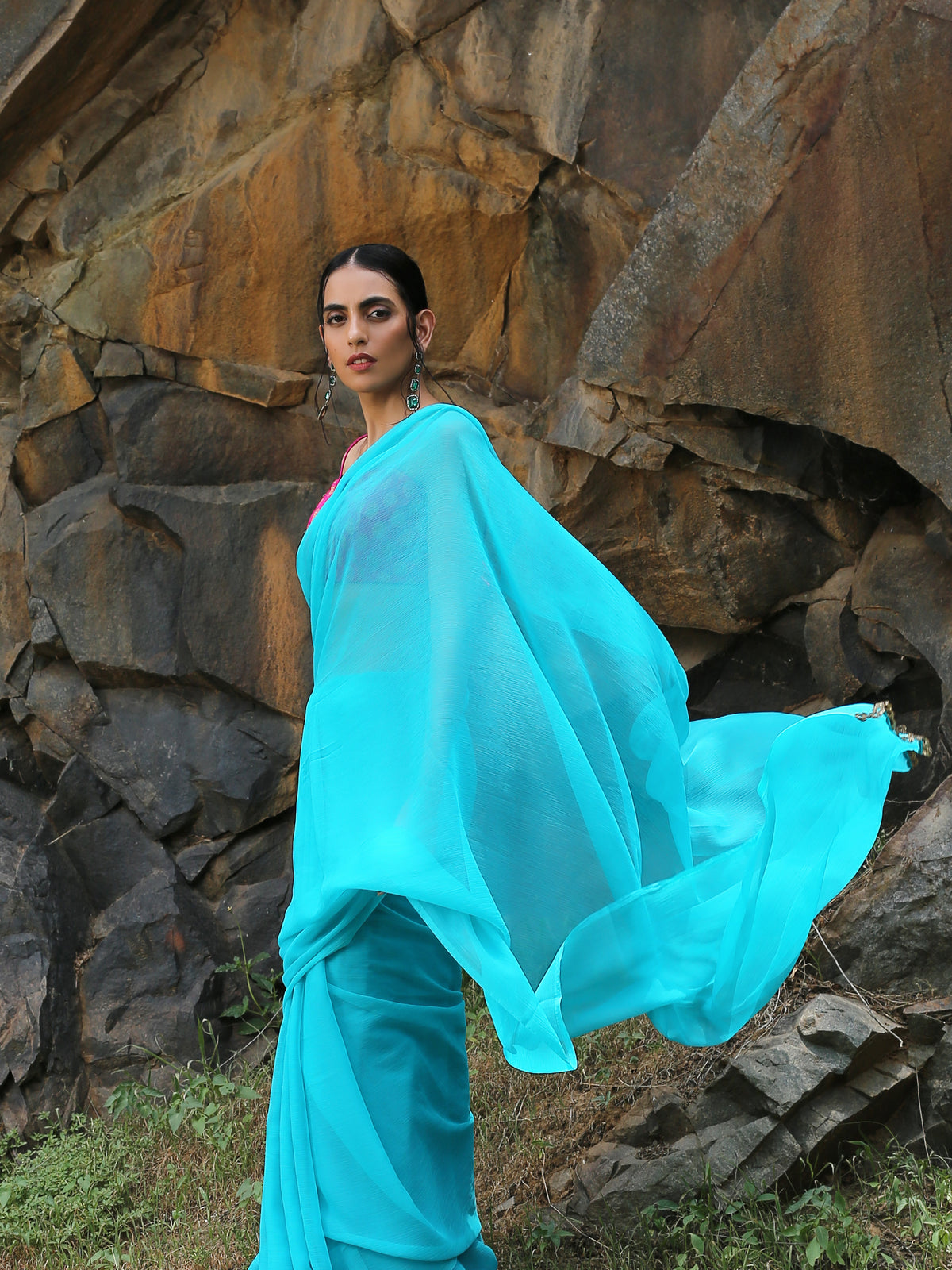 Turquoise chiffon saree with bronze lace — view 3