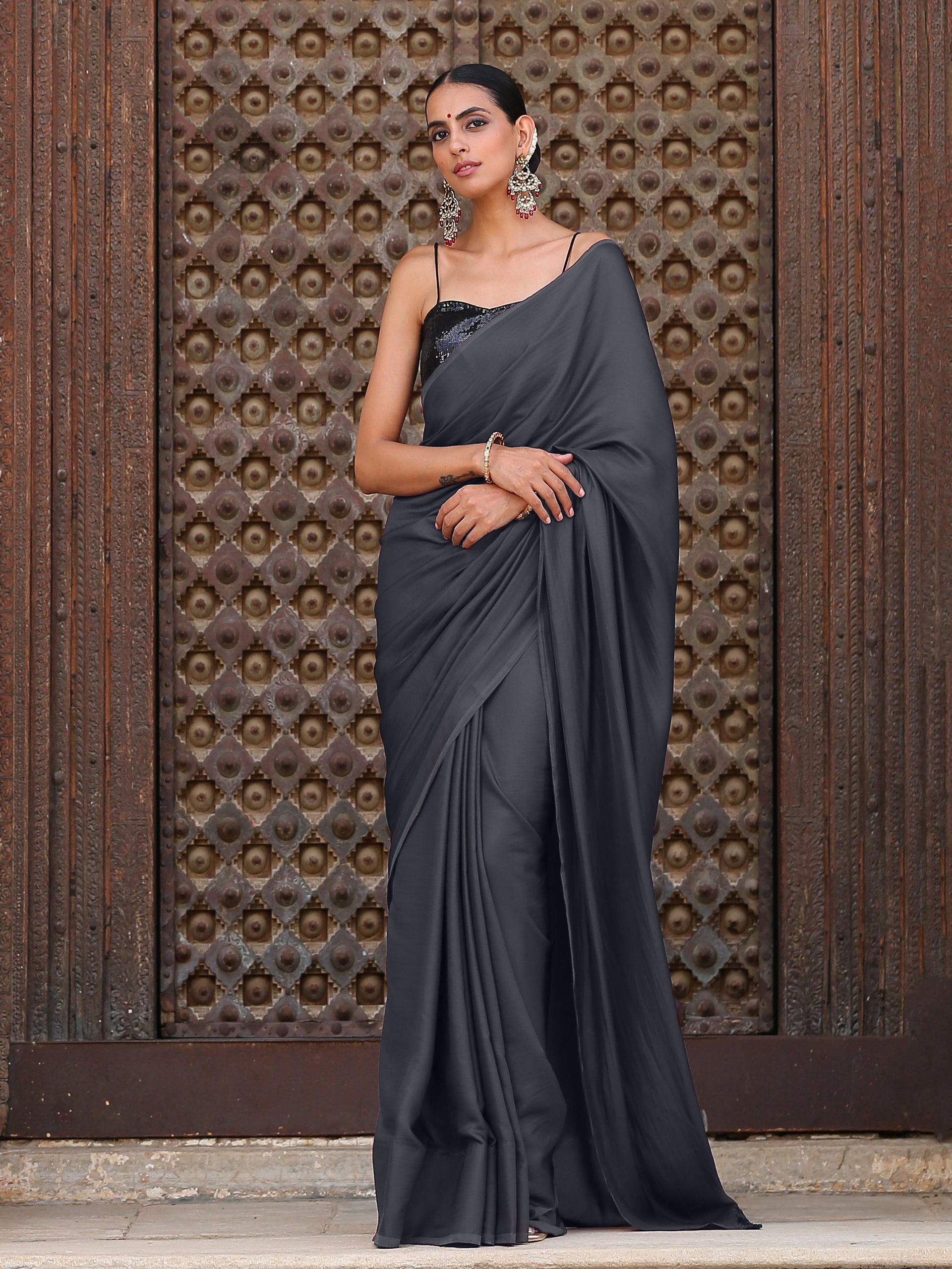 Lead Grey Satin Saree with Lace
