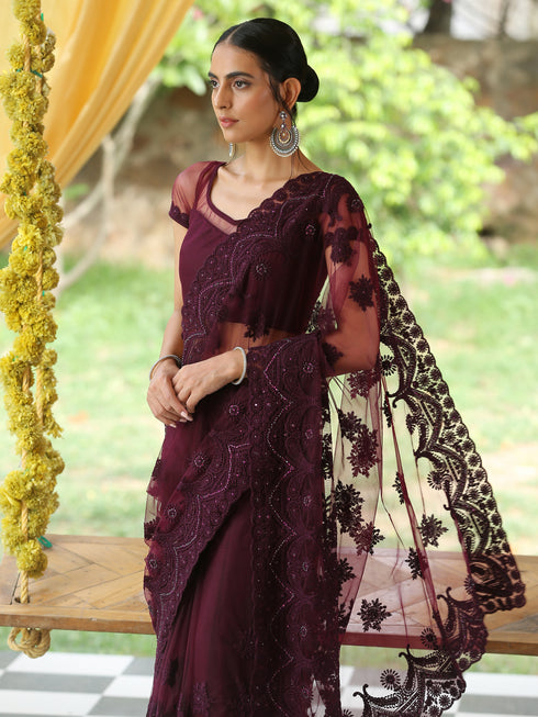 Blouse - Mulberry Wine Embroidered NET blouse