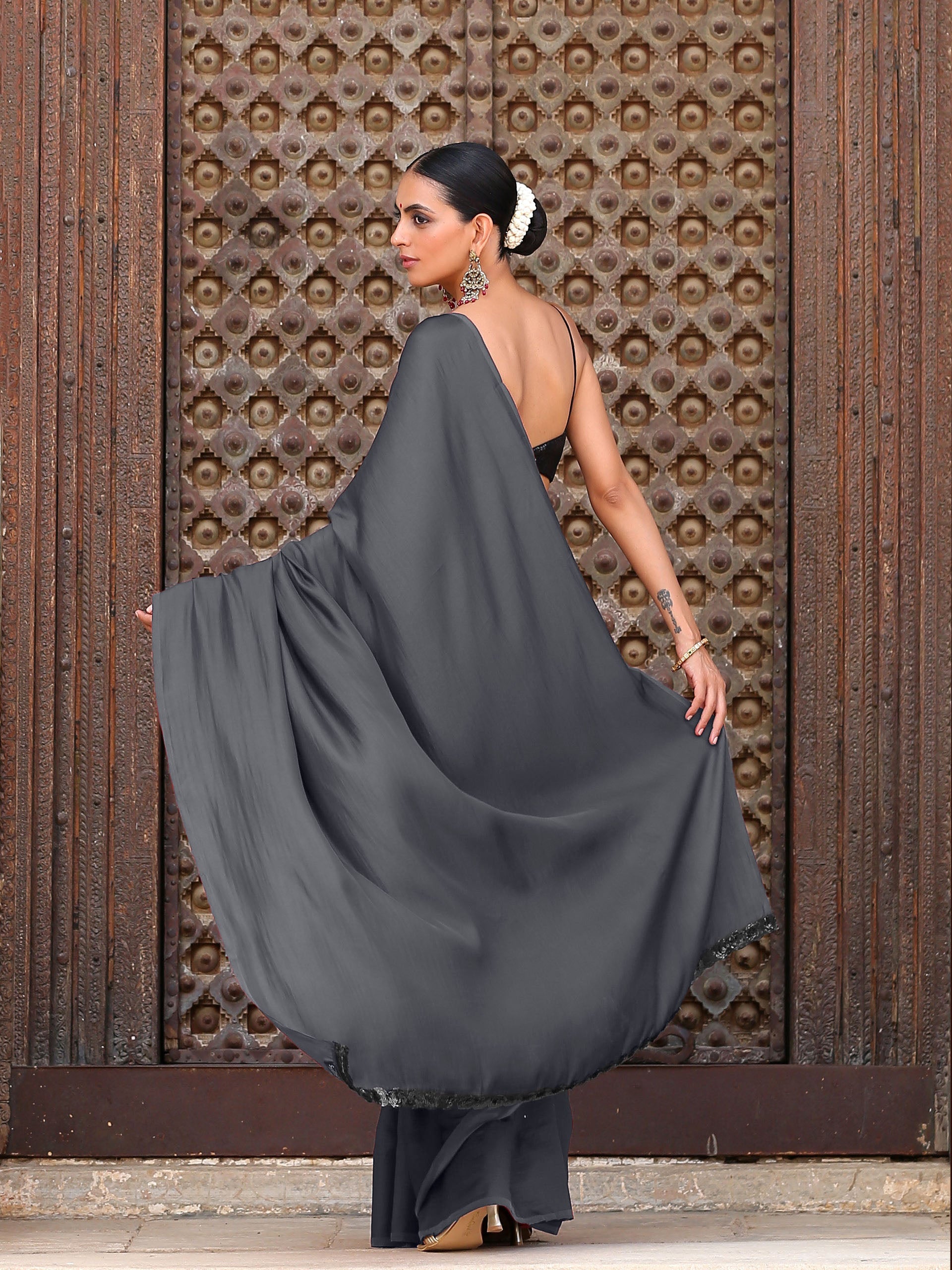 Lead Grey Satin Saree with Lace