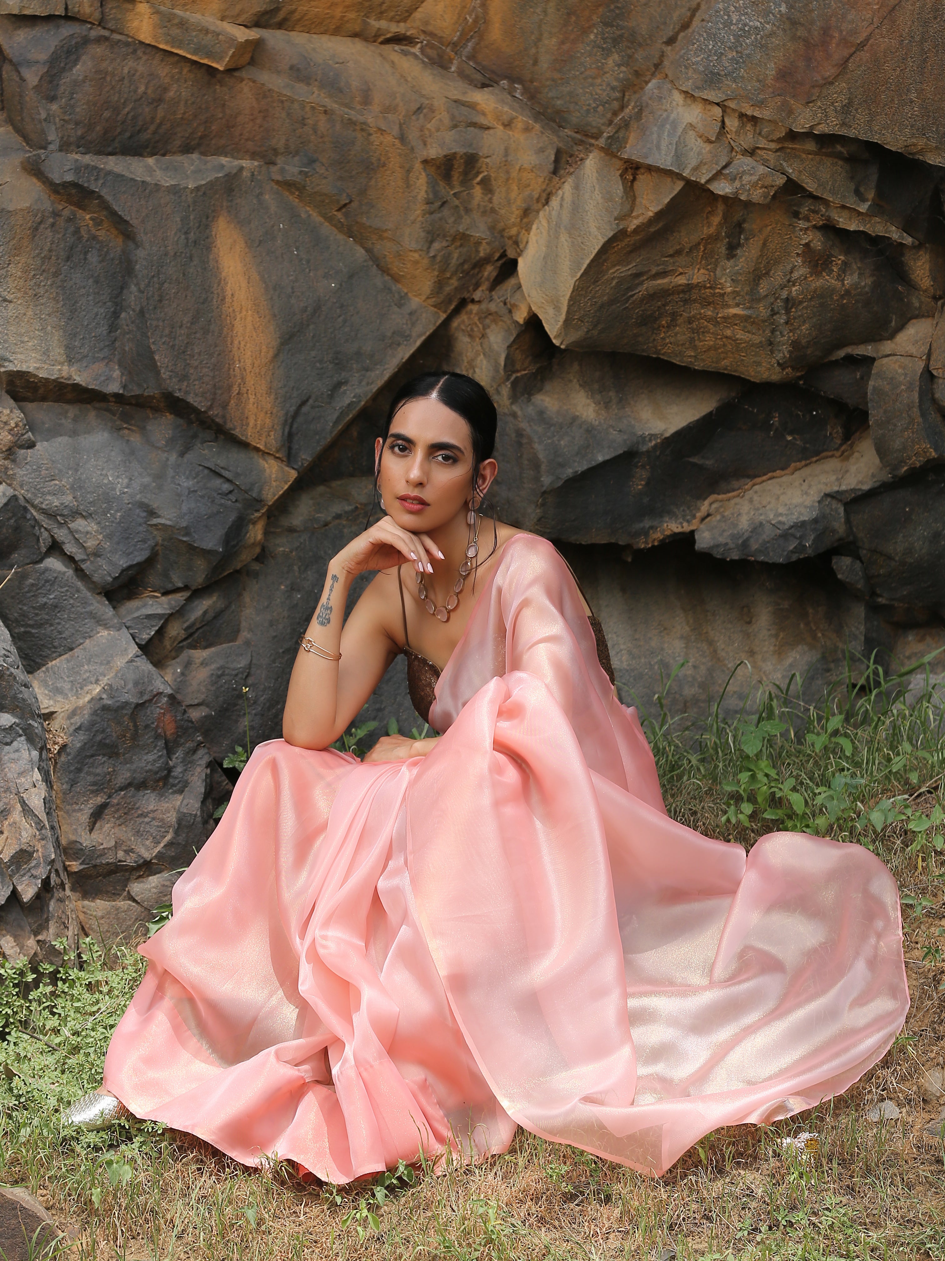 Rose Gold Saree with Pendants