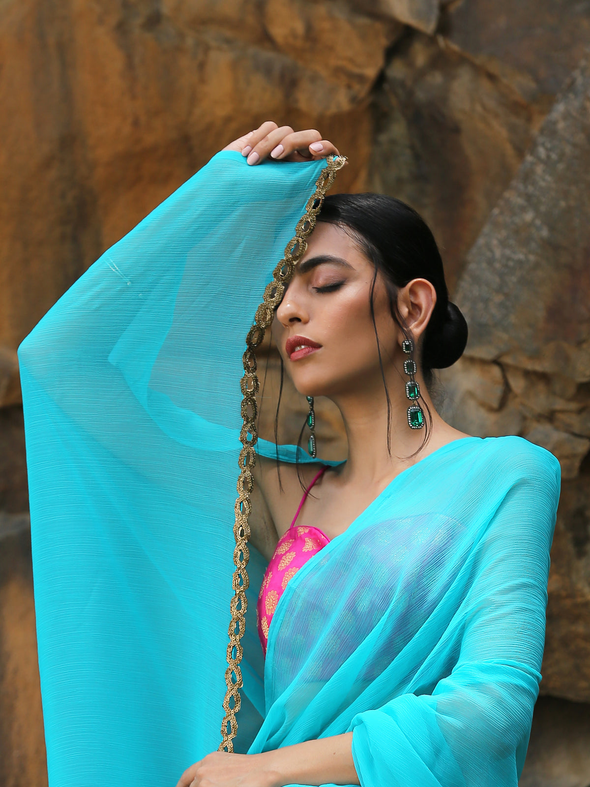 Turquoise chiffon saree with bronze lace — view 6