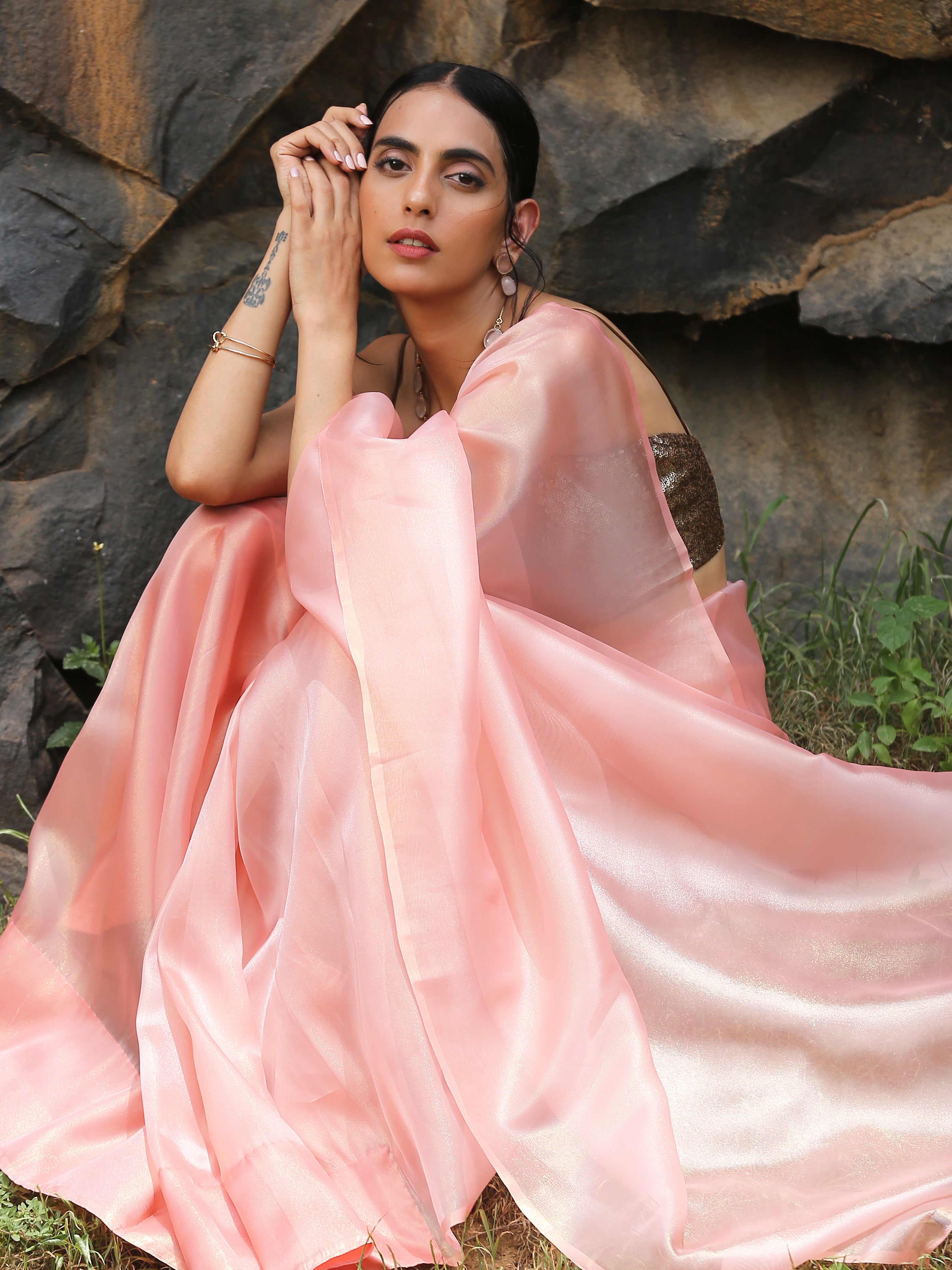 Rose Gold Saree with Pendants