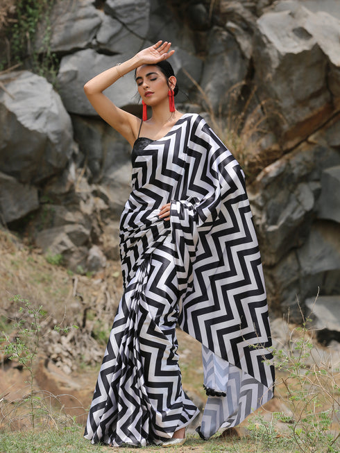 Chevron Printed Saree with Black Sequin Lace