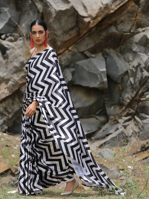 Chevron Printed Saree with Black Sequin Lace