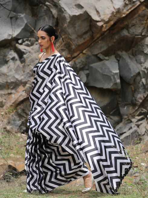 Chevron Printed Saree with Black Sequin Lace