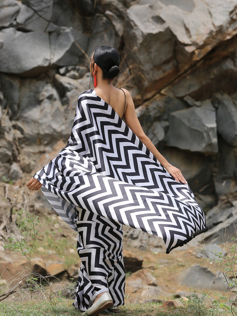 Chevron Printed Saree with Black Sequin Lace