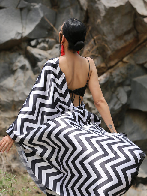 Chevron Printed Saree with Black Sequin Lace