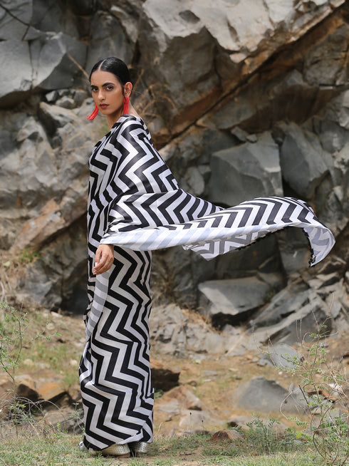 Chevron Printed Saree with Black Sequin Lace