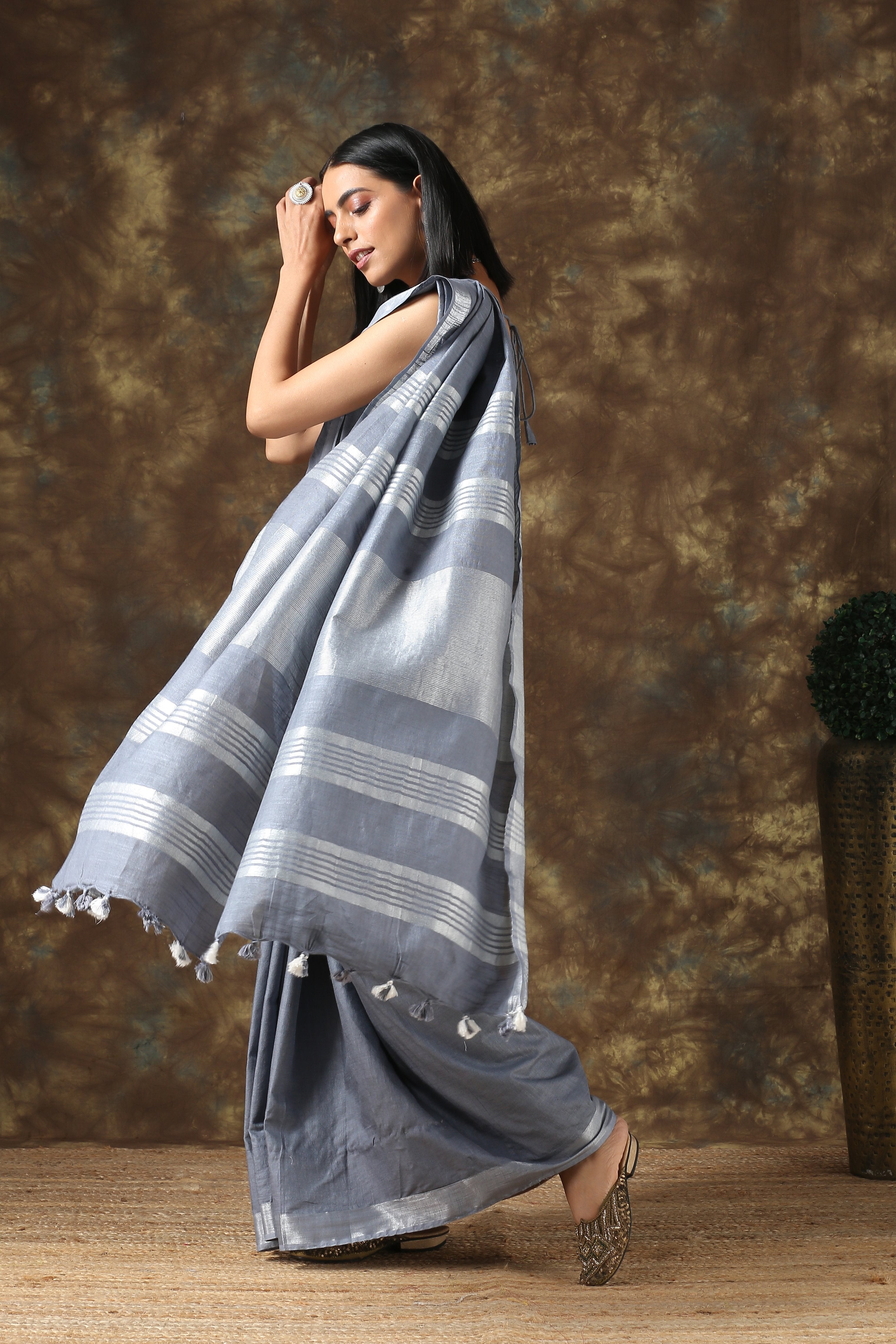 Granite linen saree with silver border and blouse — view 3