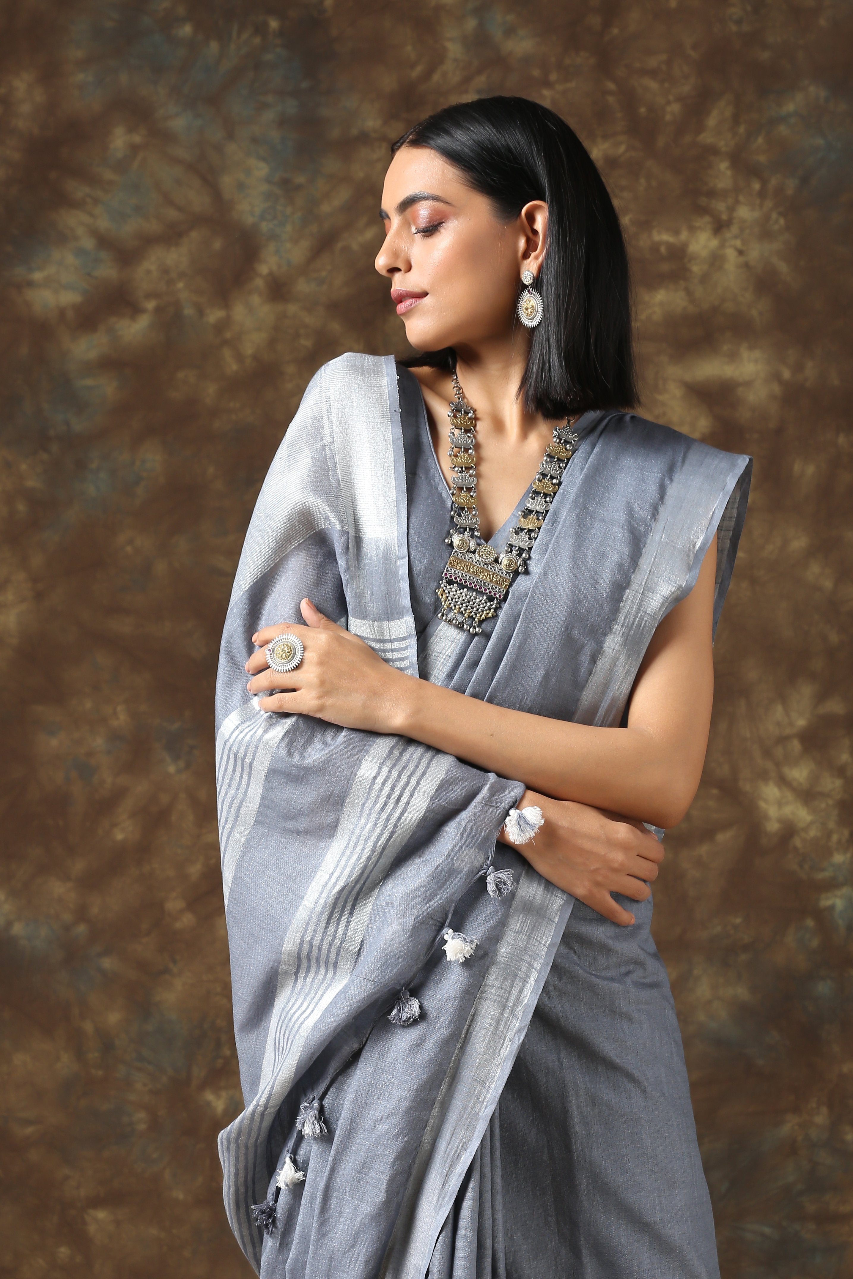 Granite linen saree with silver border and blouse — view 4