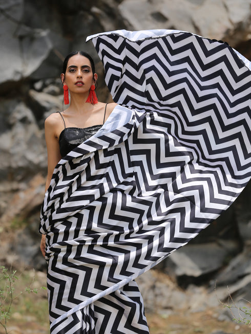 Chevron Printed Saree with Black Sequin Lace