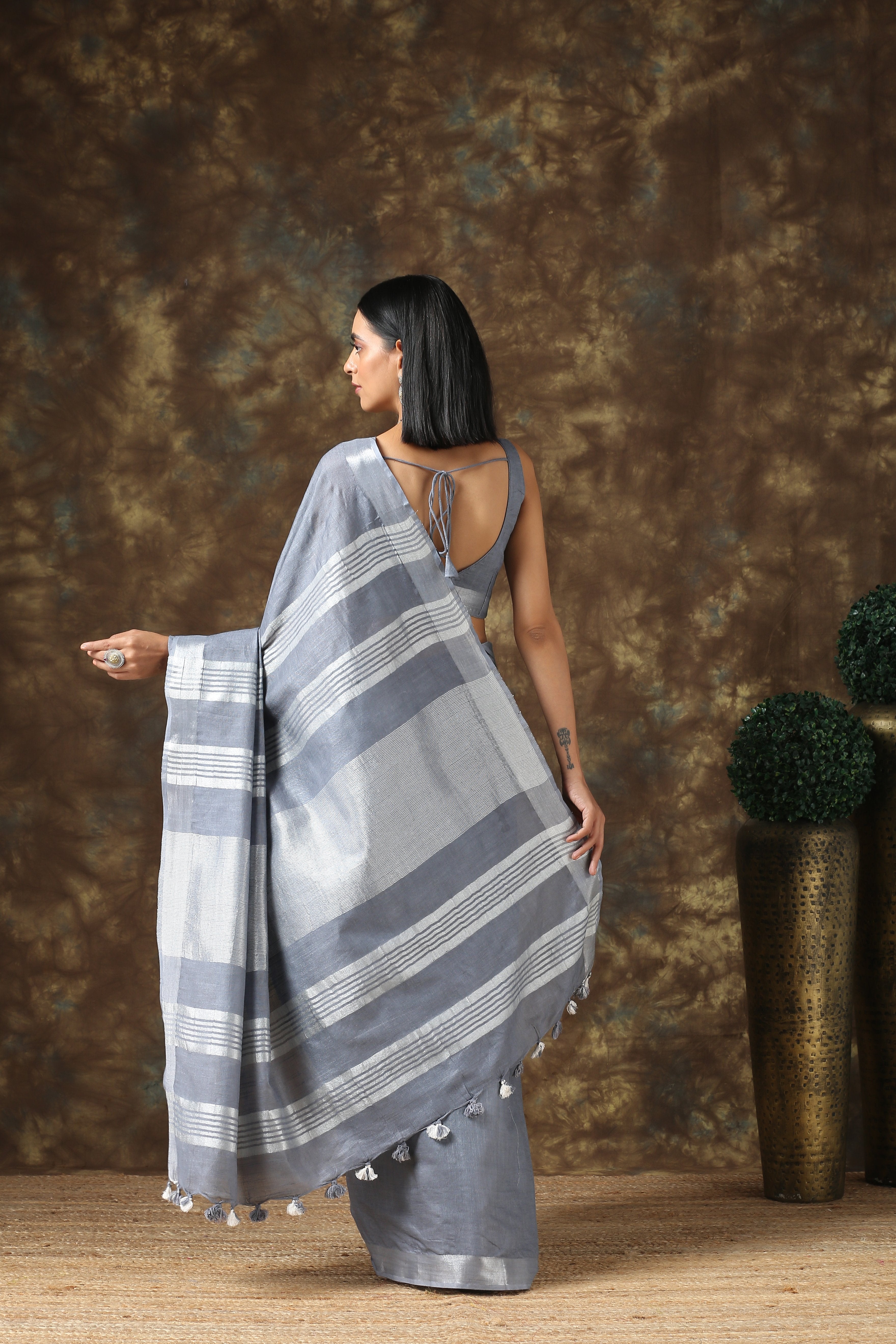Granite linen saree with silver border and blouse — view 5