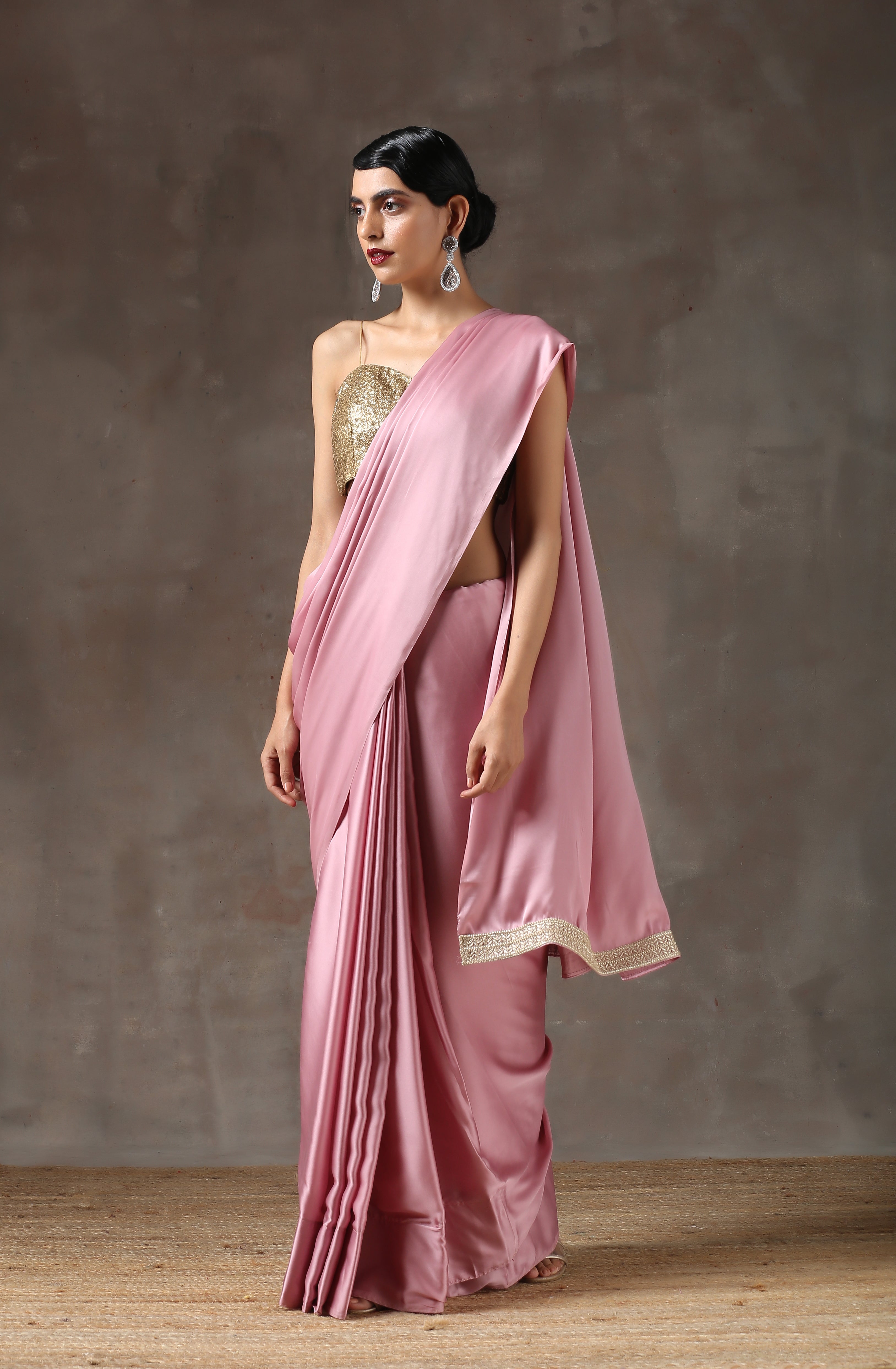 Blush Pink Satin Saree with Handmade Lace