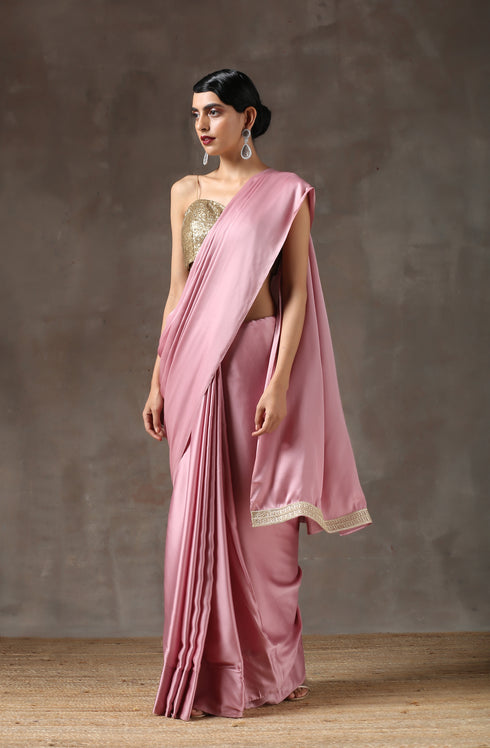 Blush Pink Satin Saree with Handmade Lace