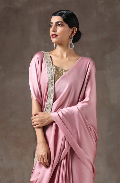 Blush Pink Satin Saree with Handmade Lace