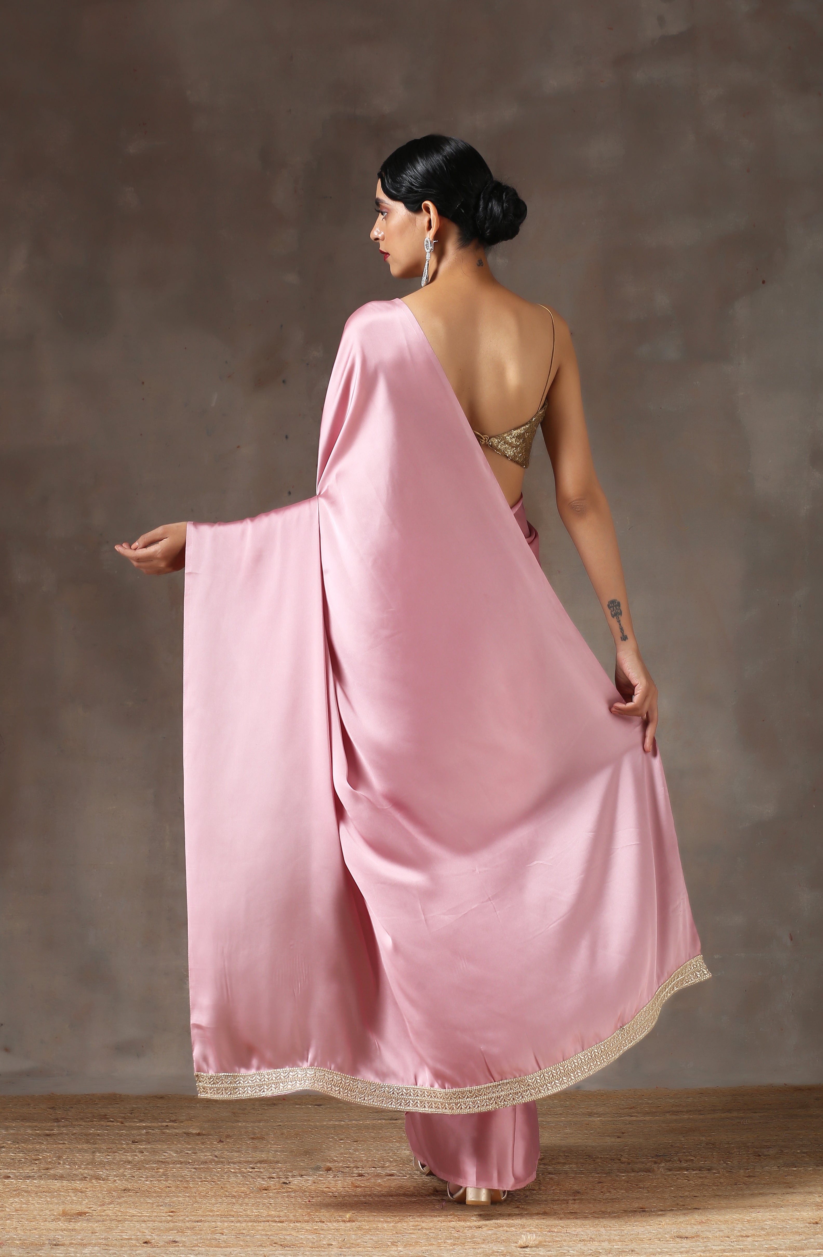 Blush Pink Satin Saree with Handmade Lace