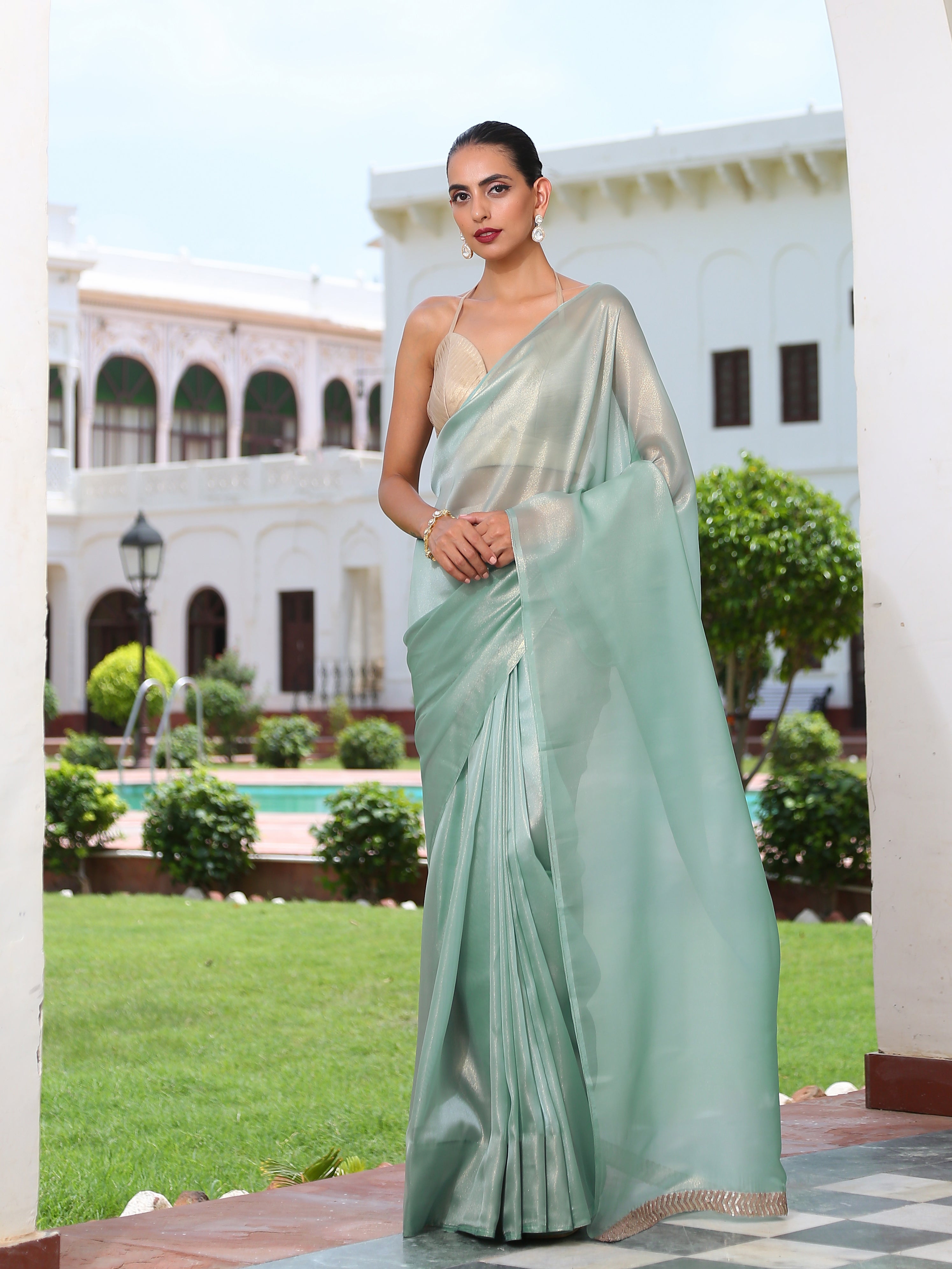 Aqua Gold Saree with Lace