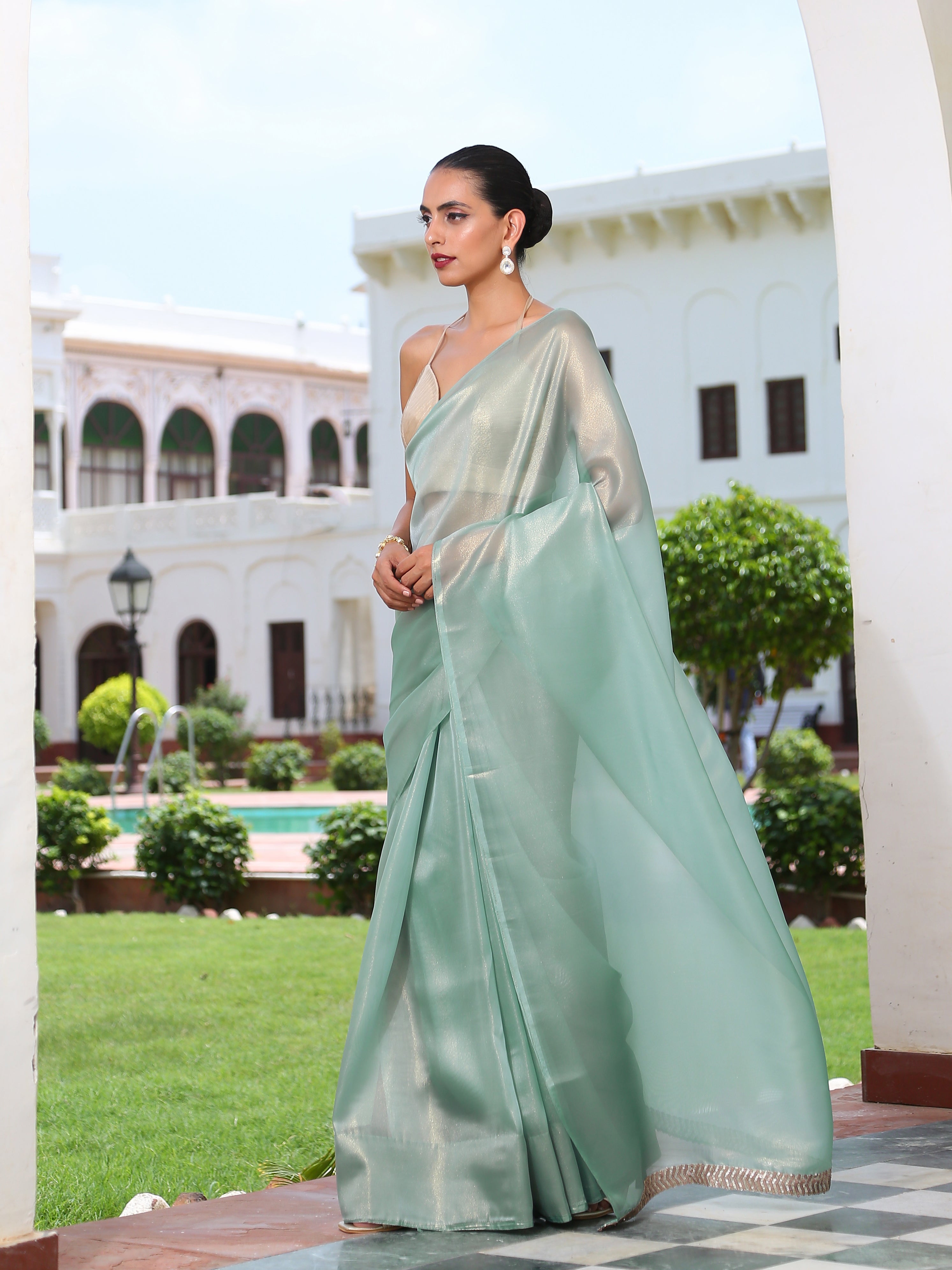 Aqua Gold Saree with Lace