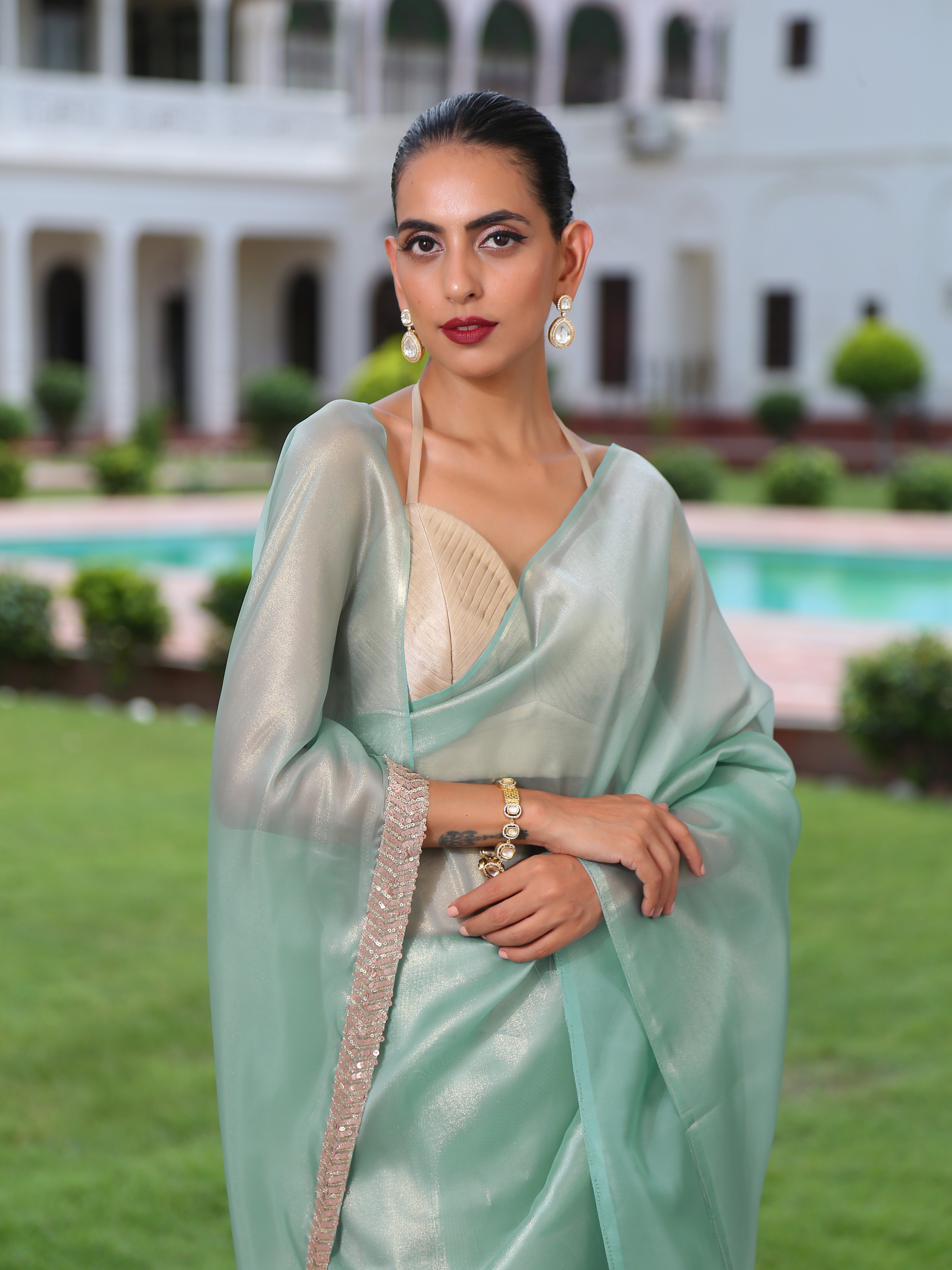 Aqua Gold Saree with Lace
