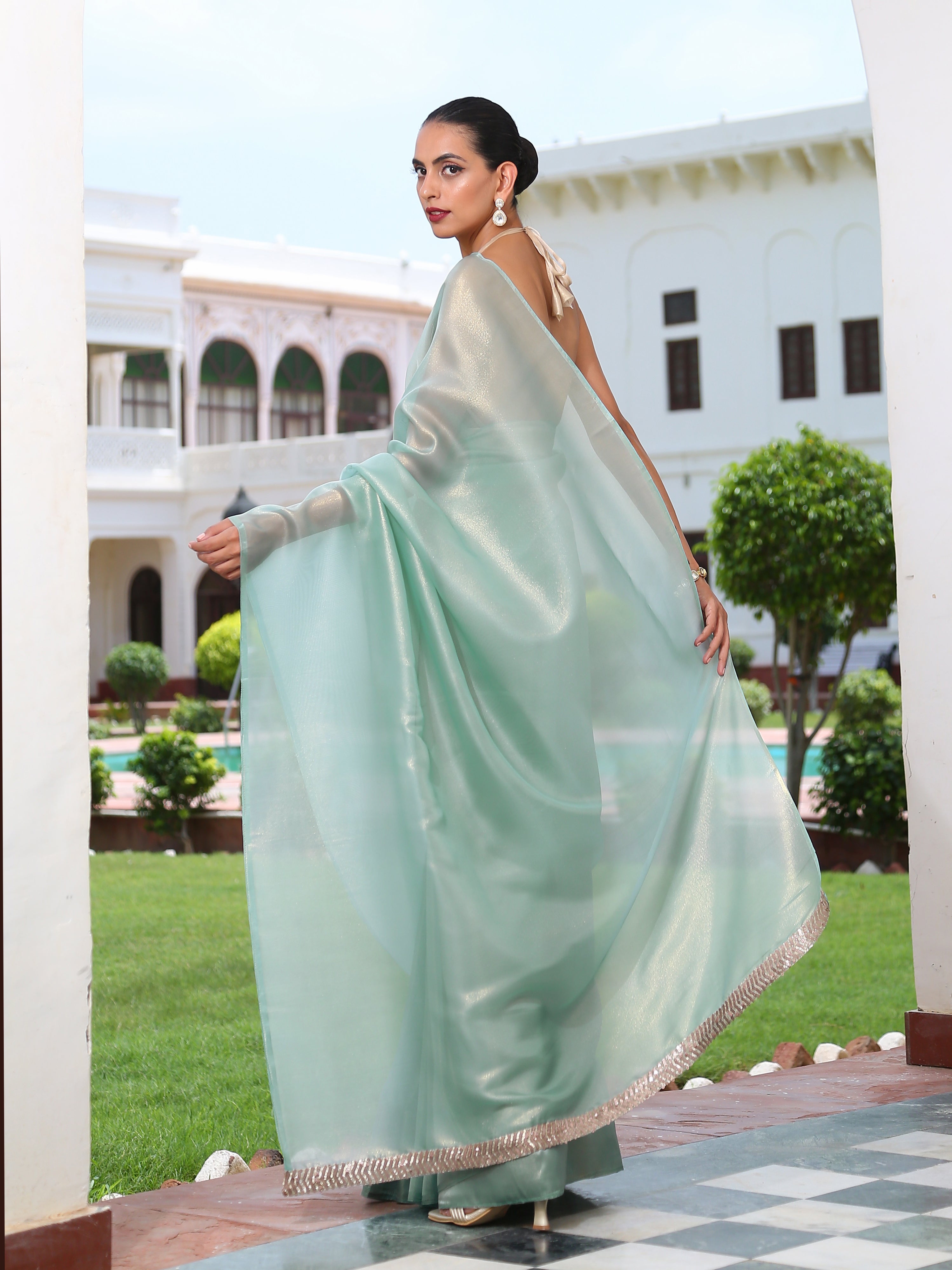 Aqua Gold Saree with Lace