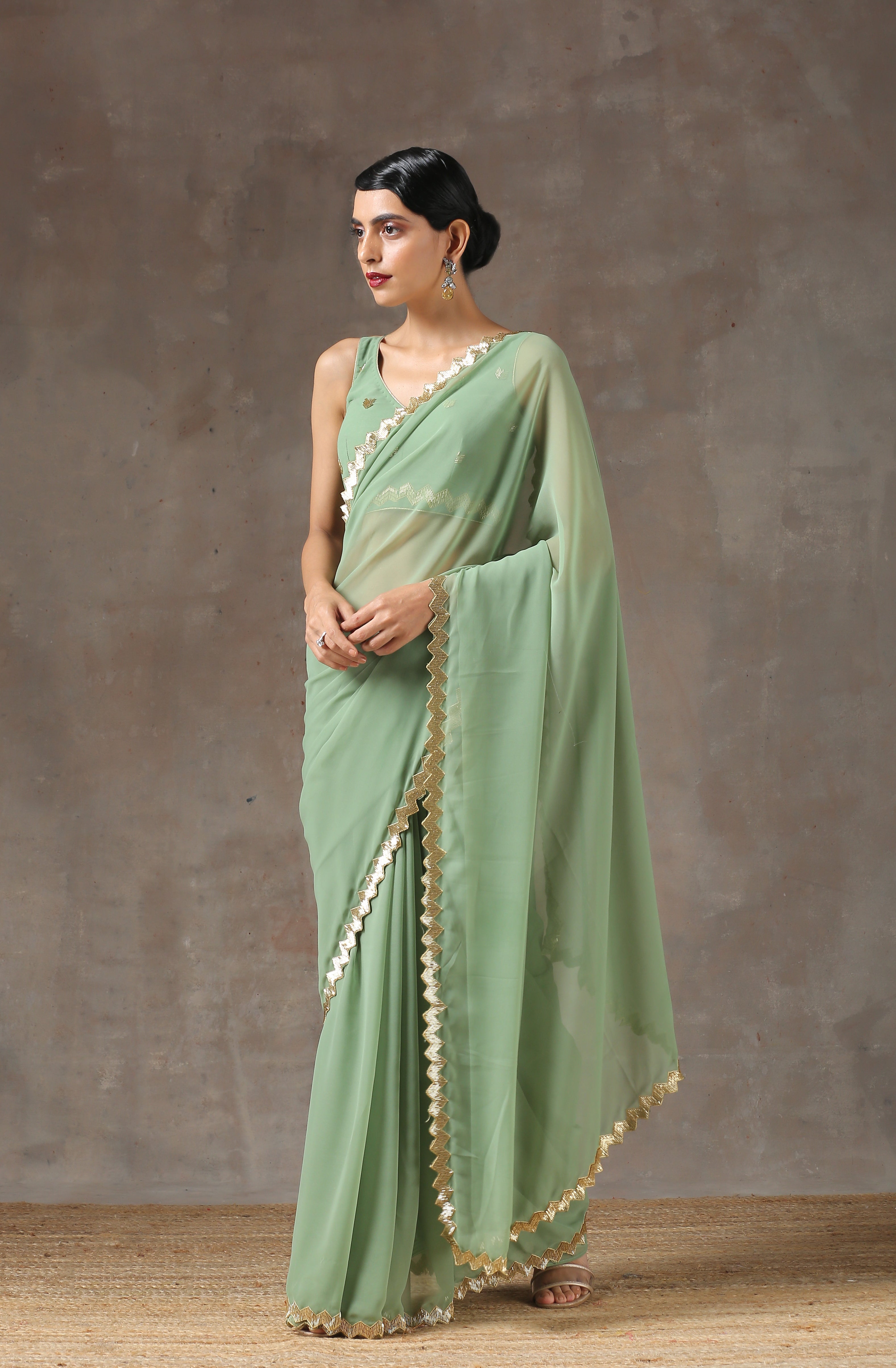 Sparking Henna Saree with Gold Sequins & Embellished Blouse