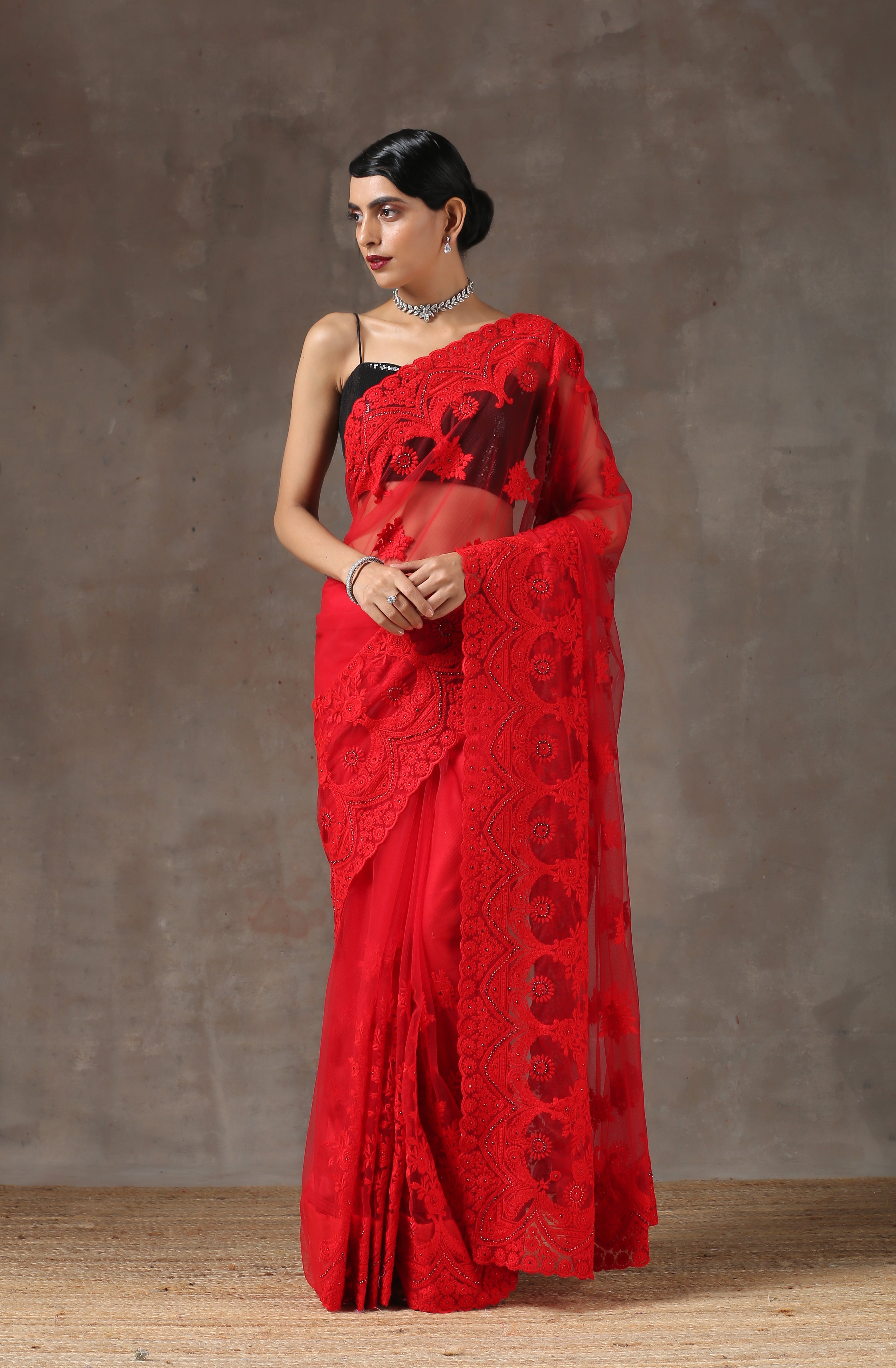 Red Moulin Rouge Net Saree with Embroidery & Scalloping