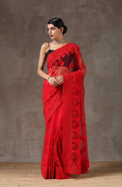 Red Moulin Rouge Net Saree with Embroidery & Scalloping