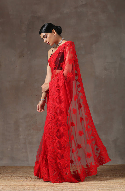 Red Moulin Rouge Net Saree with Embroidery & Scalloping