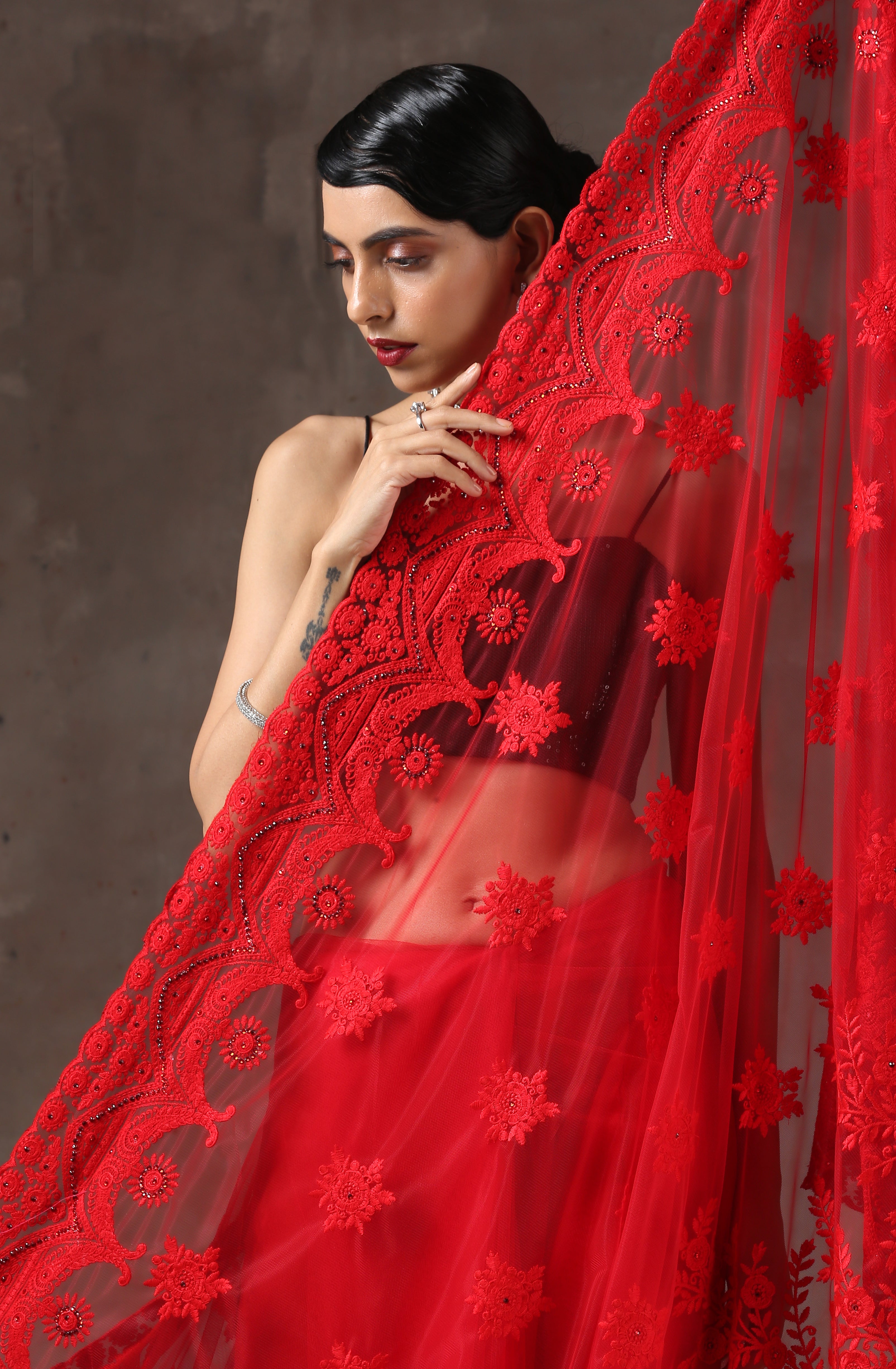 Red Moulin Rouge Net Saree with Embroidery & Scalloping