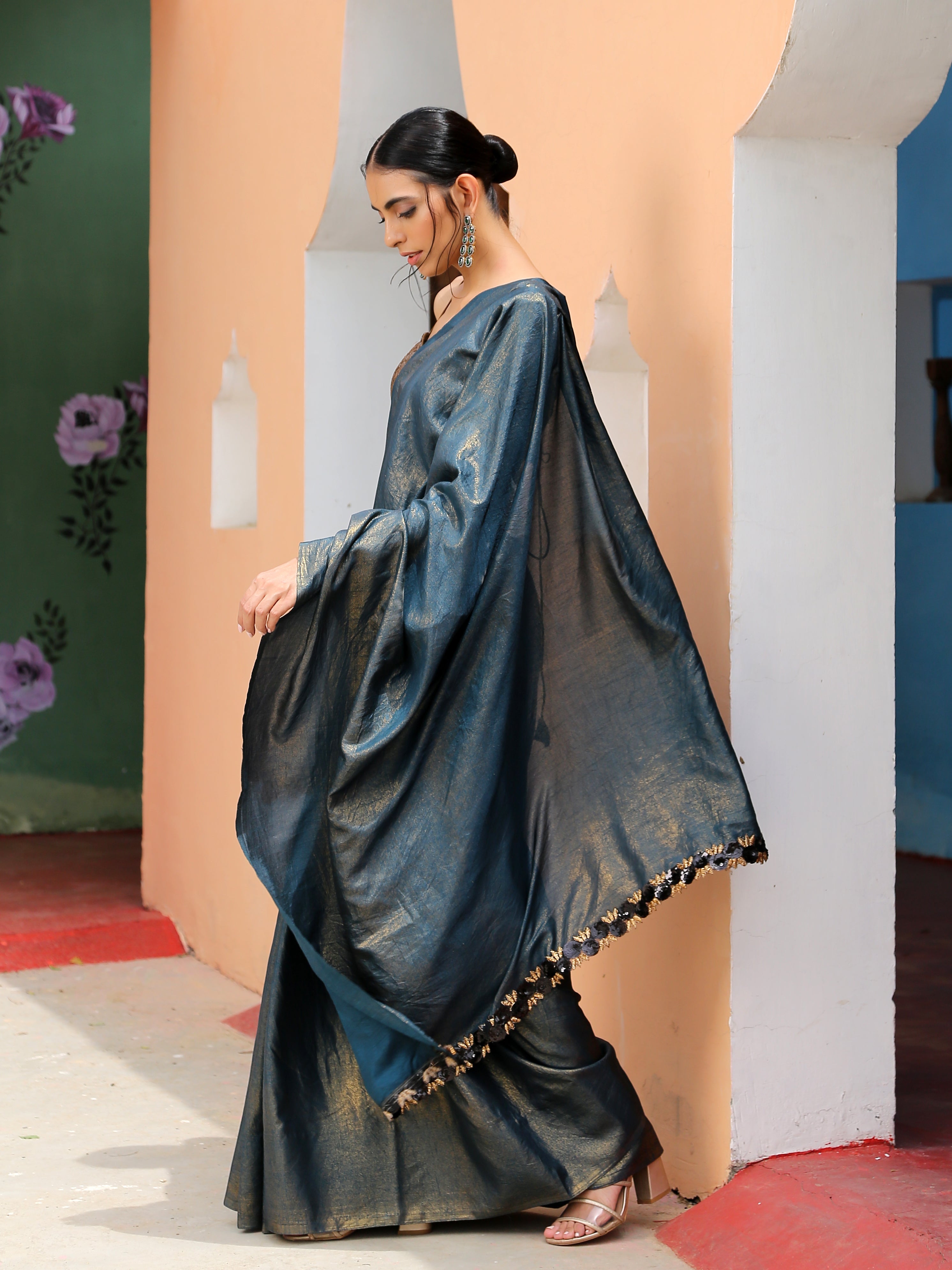Kamakshi Gold Saree with Black Gold Lace