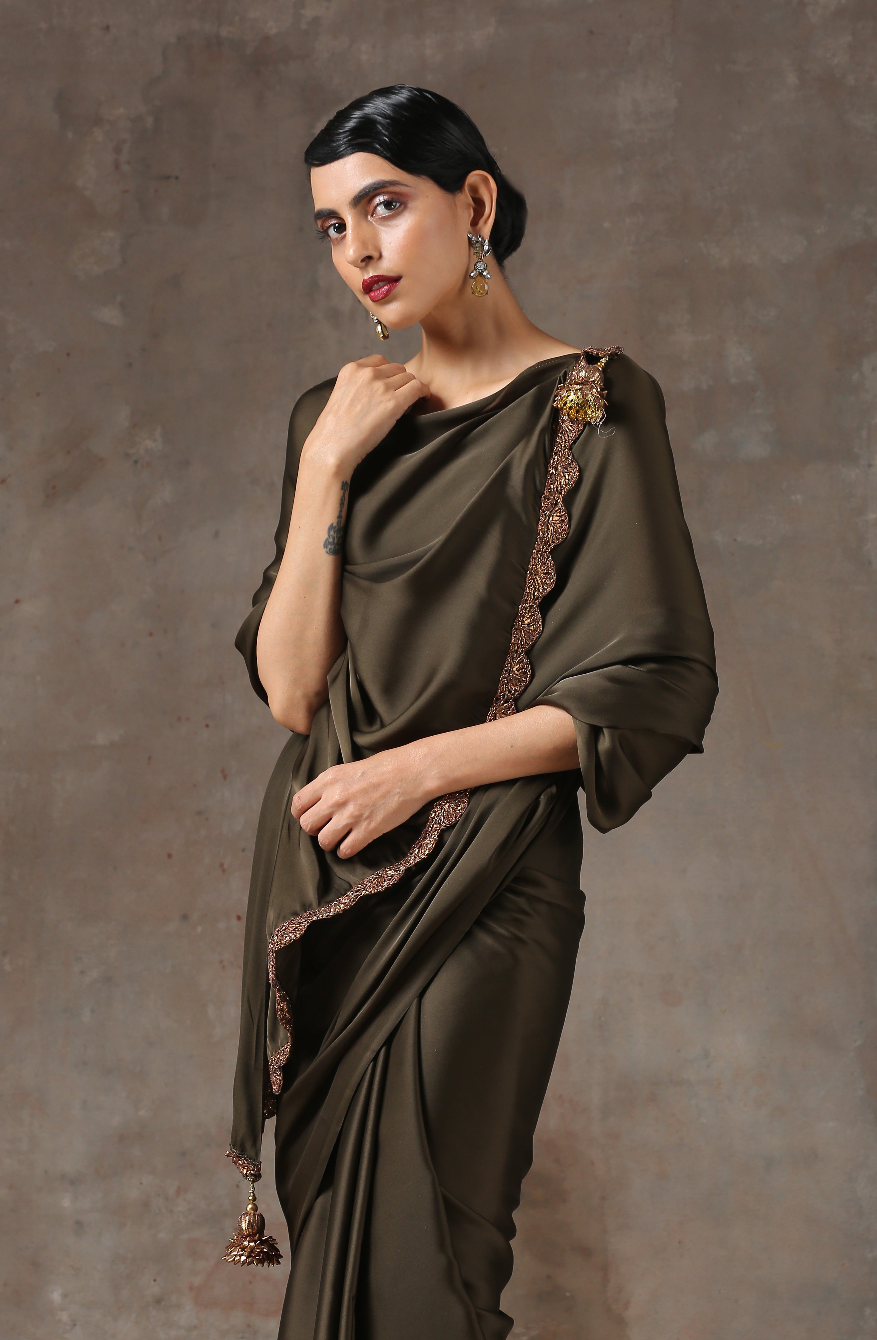 Olive Satin Saree with Bronze Handmade Lace & Pendant