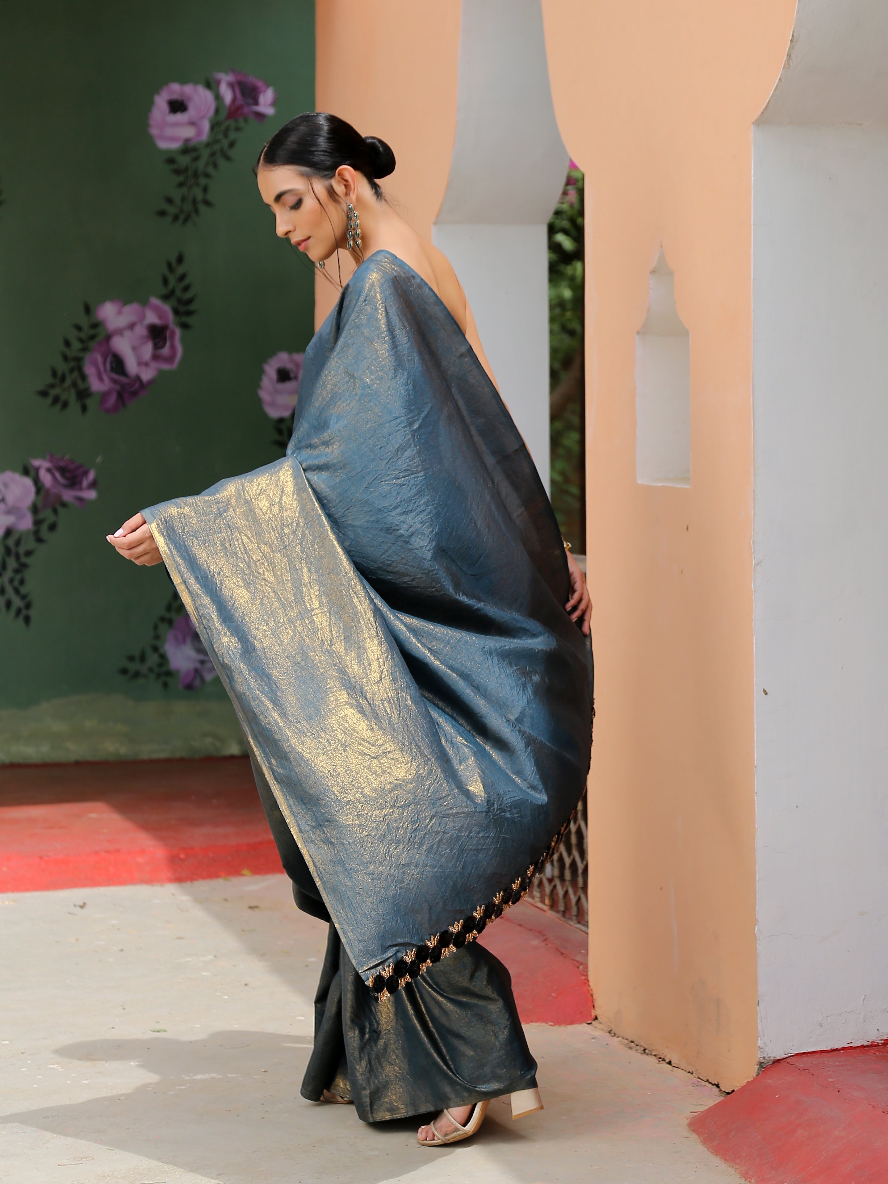 Kamakshi Gold Saree with Black Gold Lace