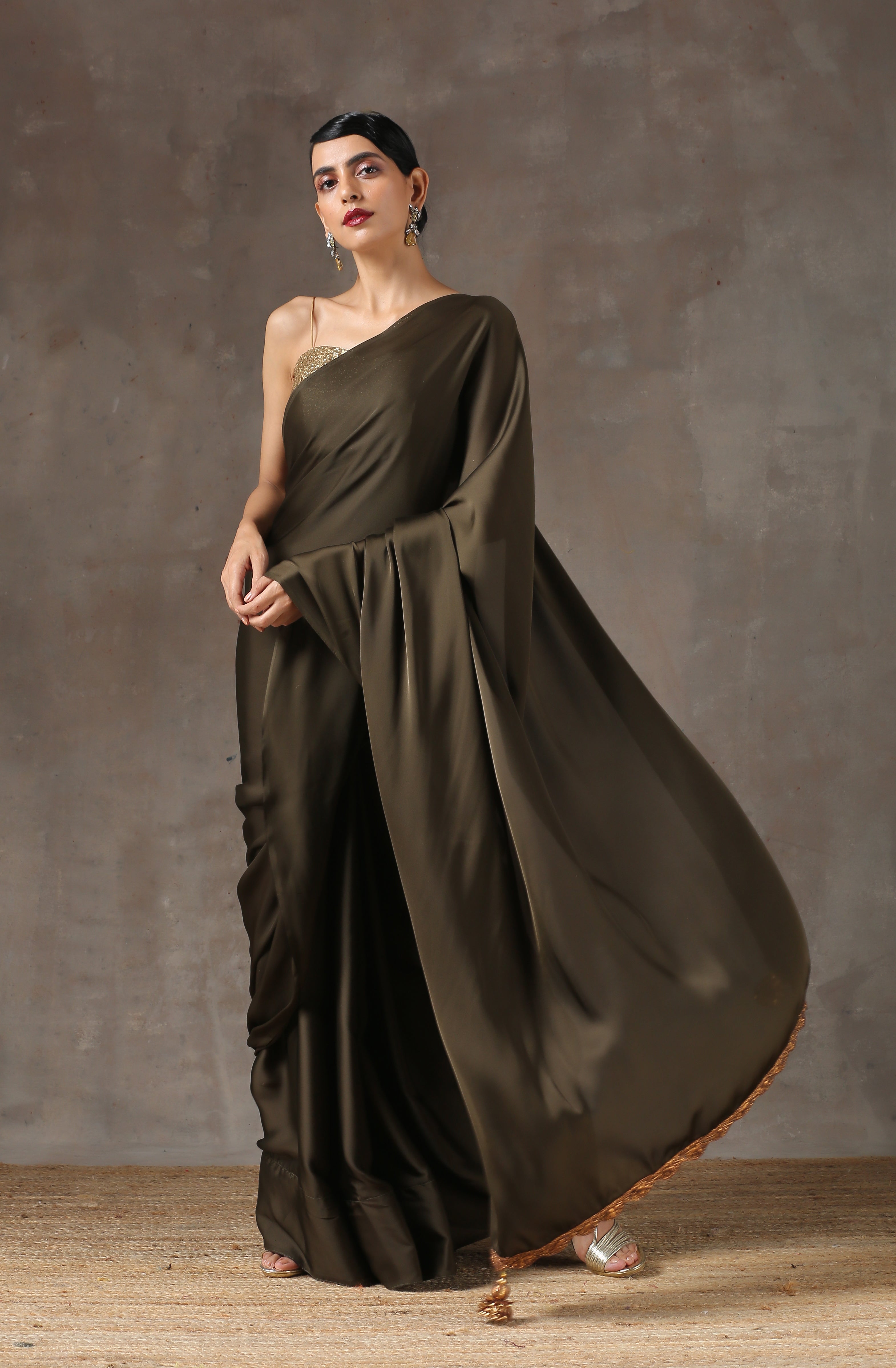 Olive Satin Saree with Bronze Handmade Lace & Pendant