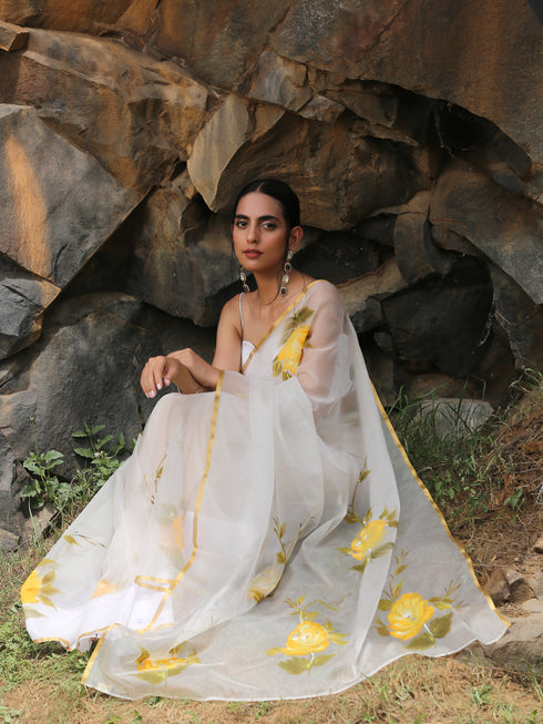 Hand-Painted Floral Organza Saree