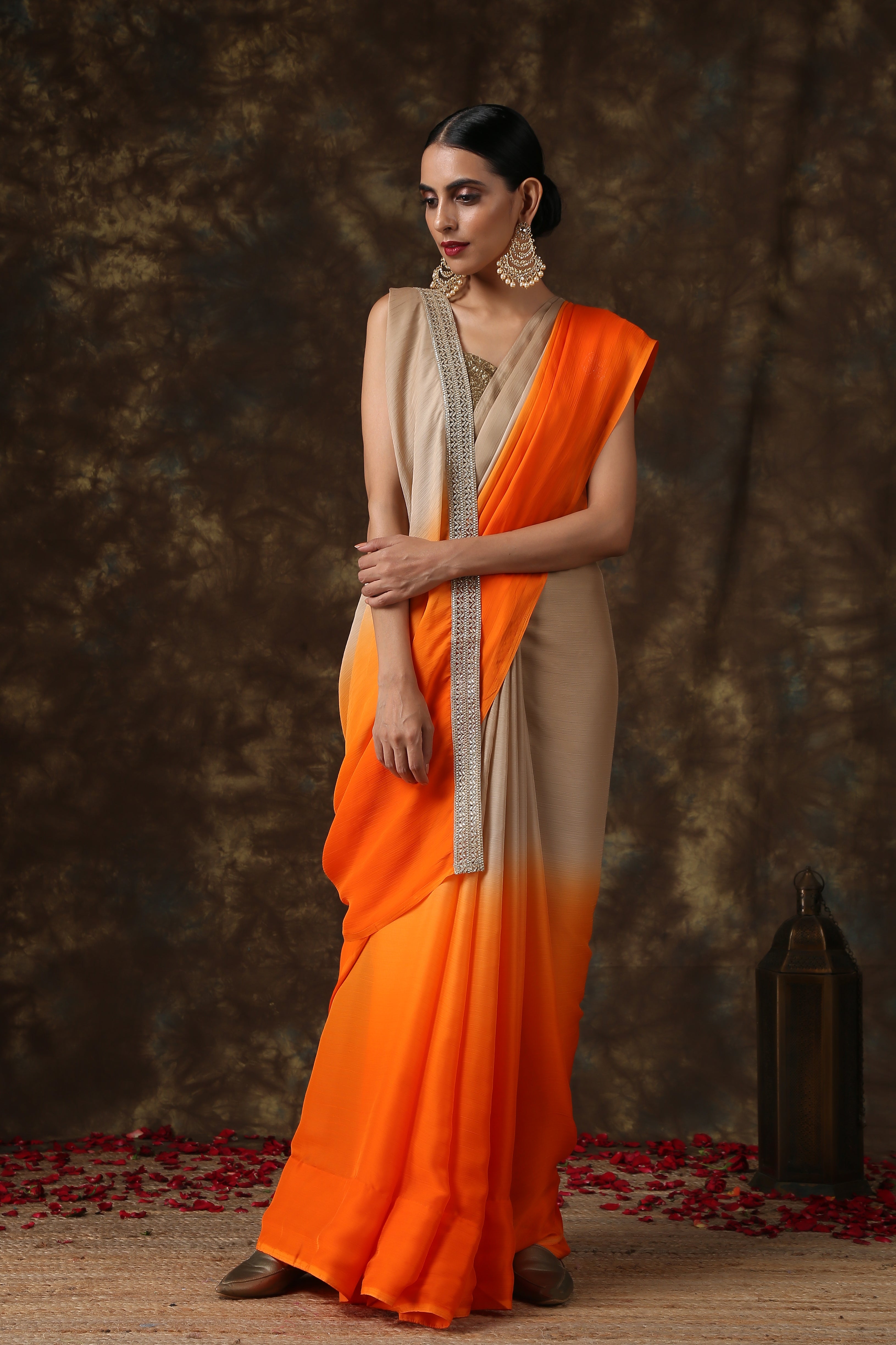 Warm stone & orange chiffon ombre saree — view 2