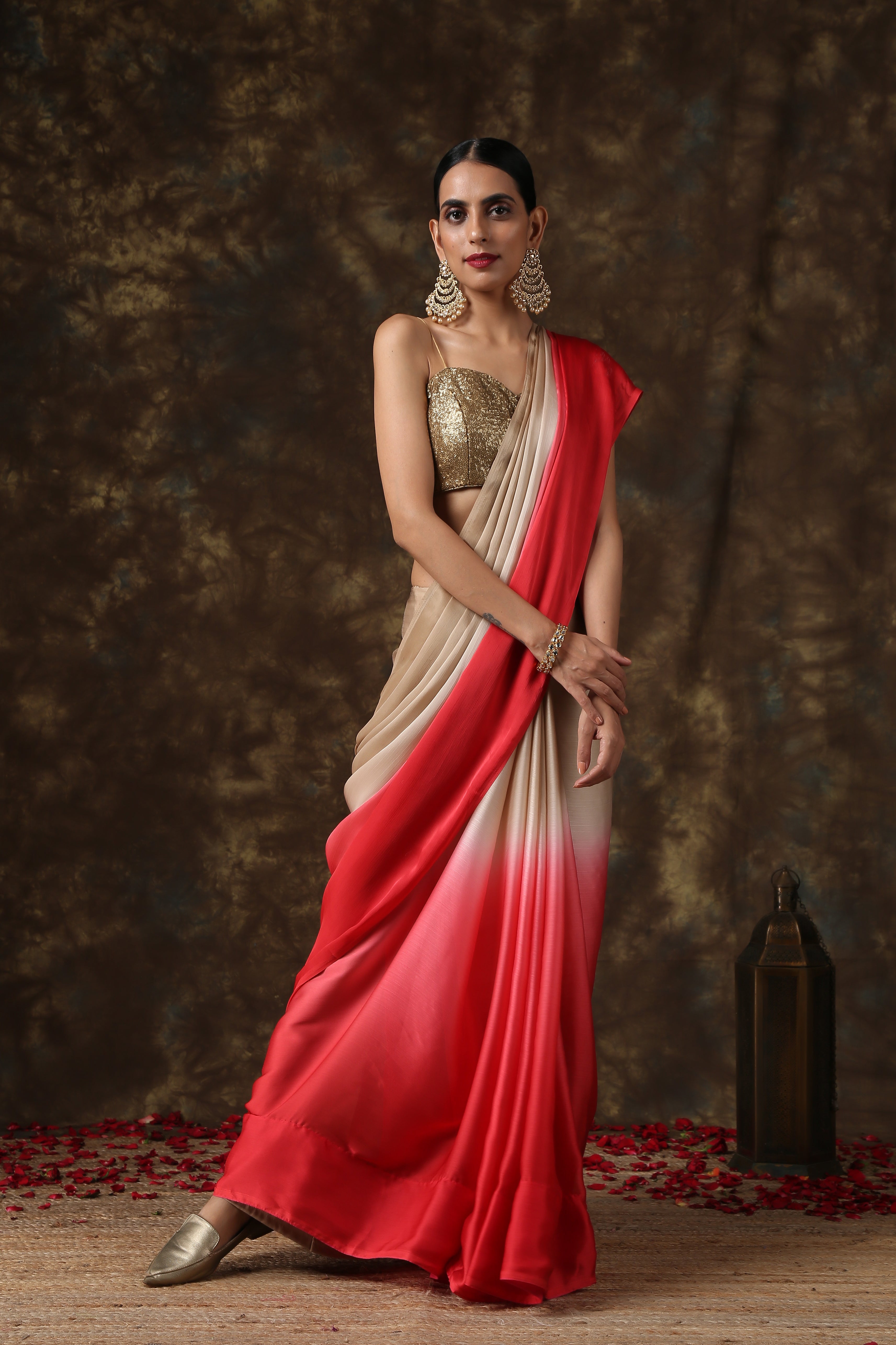 Warm stone & pink chiffon ombre saree