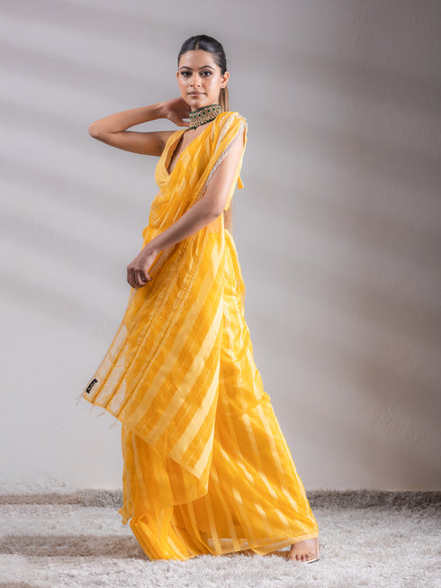 Organza Yellow Hide and Seek Stripes Saree with Blouse Fabric